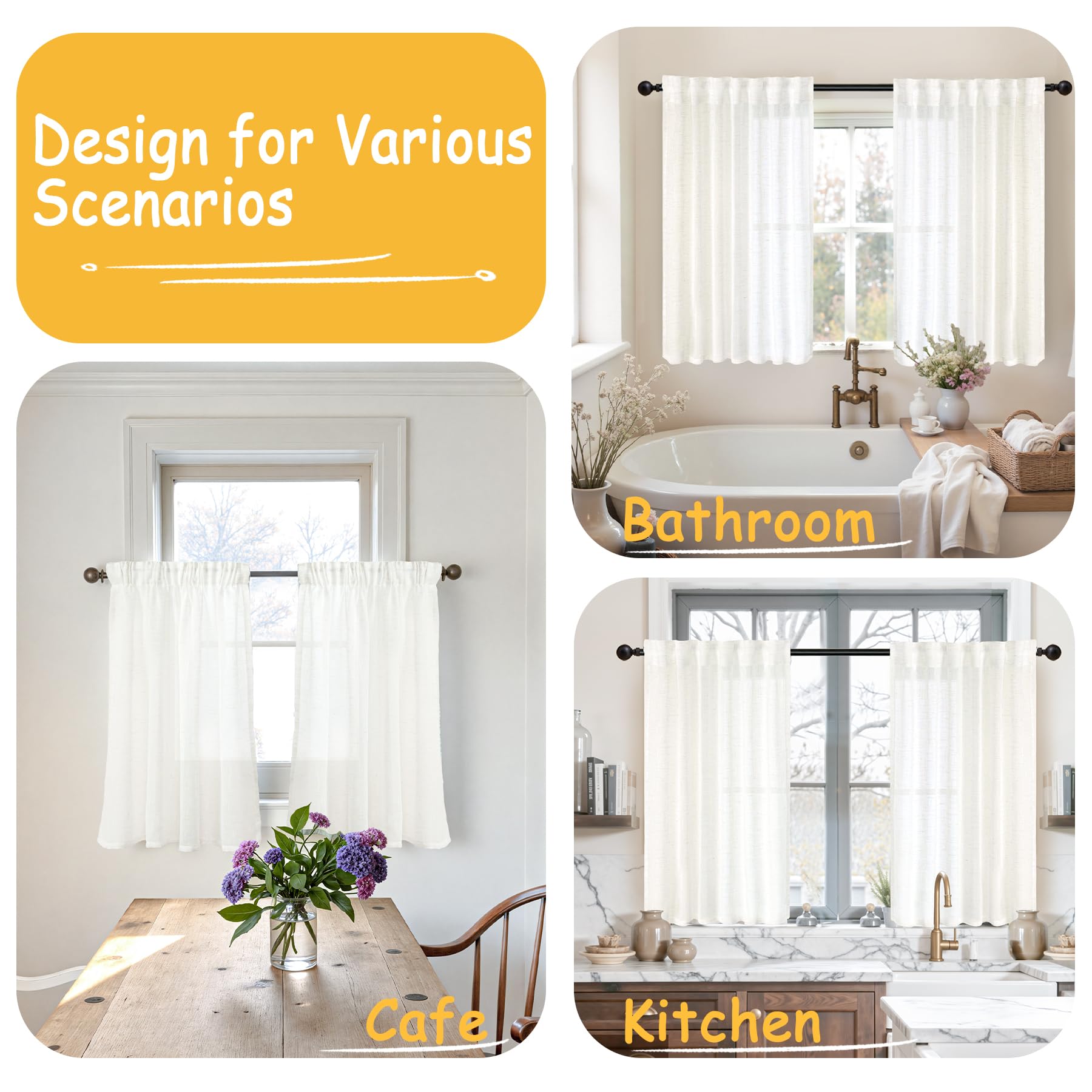 Small Linen Curtains 24 Inch Length for Cafe Kitchen Window (2 Count)