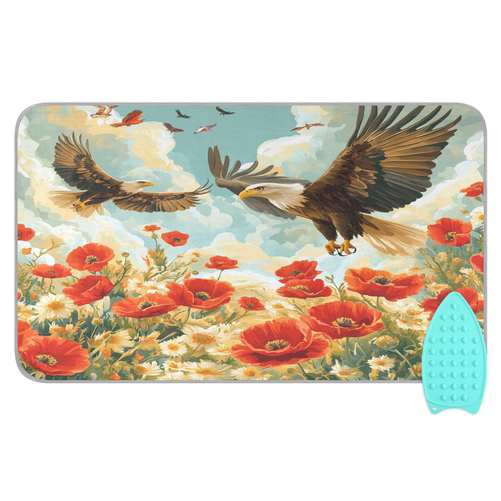 Vivid Poppy Wildflowers and Eagles Ironing Mat Thickened Ironing Blanket Travel Portable Double