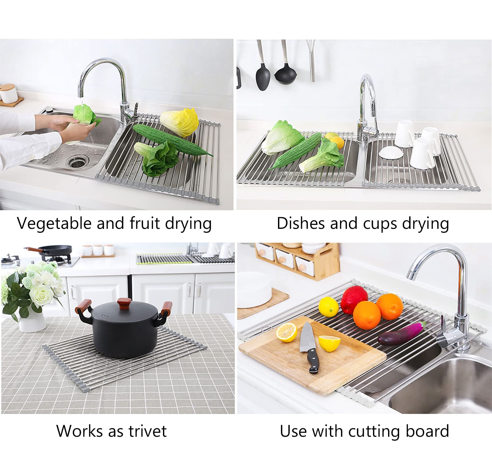 17.7" x 15.5" Roll Up Dish Drying Rack Over Sink Drying Rack Sink Cover Kitchen Sink Accessories Gadget Multipurpose Organizer Foldable Stainless Steel Drainer