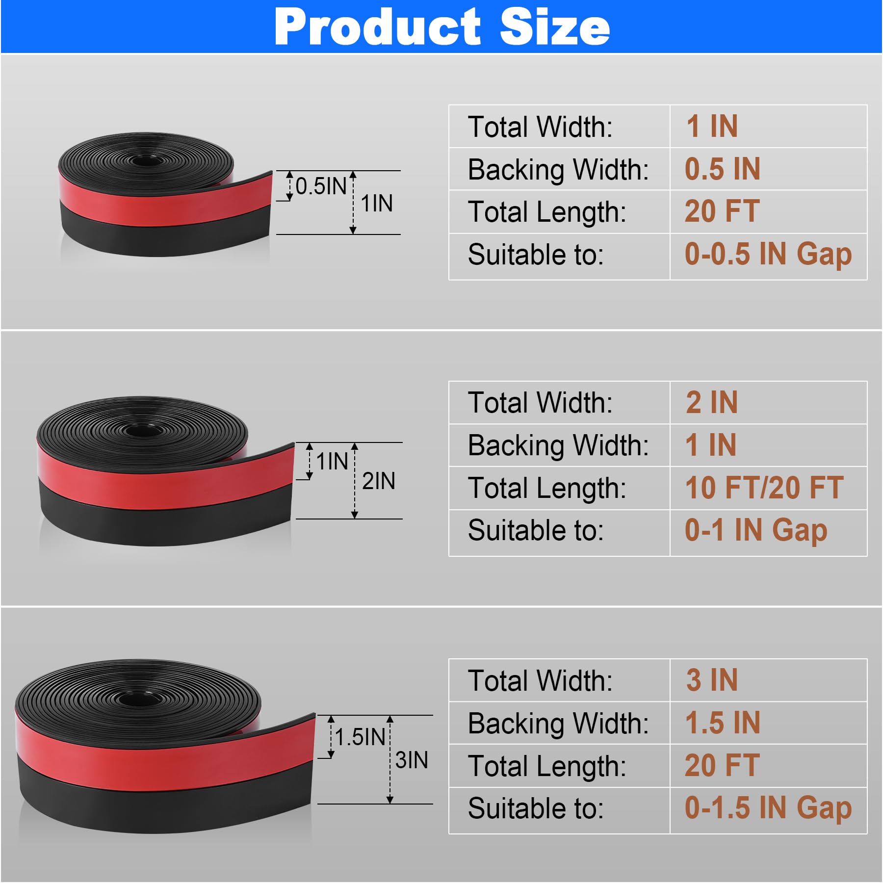 Weather Stripping Silicone Door Seal Strip 2 in x 20 ft Door Draft Stopper Self Adhesive Door Draft Tape (20 Foot)
