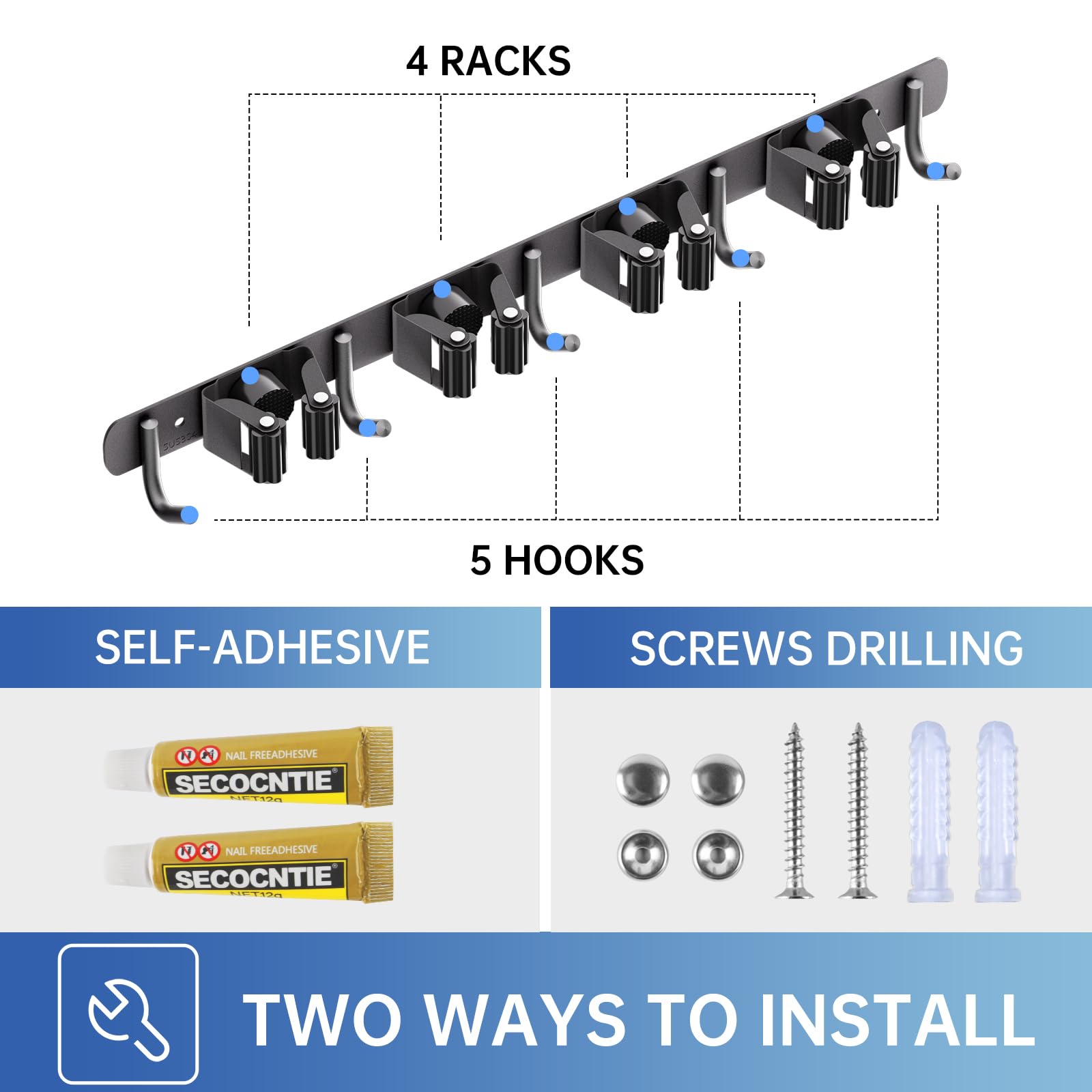 2 Pack Mop Broom Holder Wall Mount 4 Racks 5 Hooks Storage Black (2 Count)