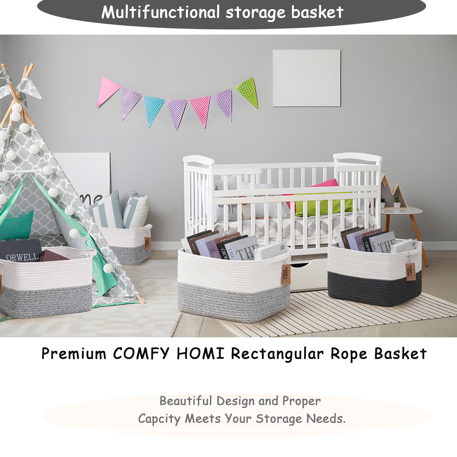 3 Pack Cotton Rope Woven Rectangular Basket with Handles for Organizing (3 Count)