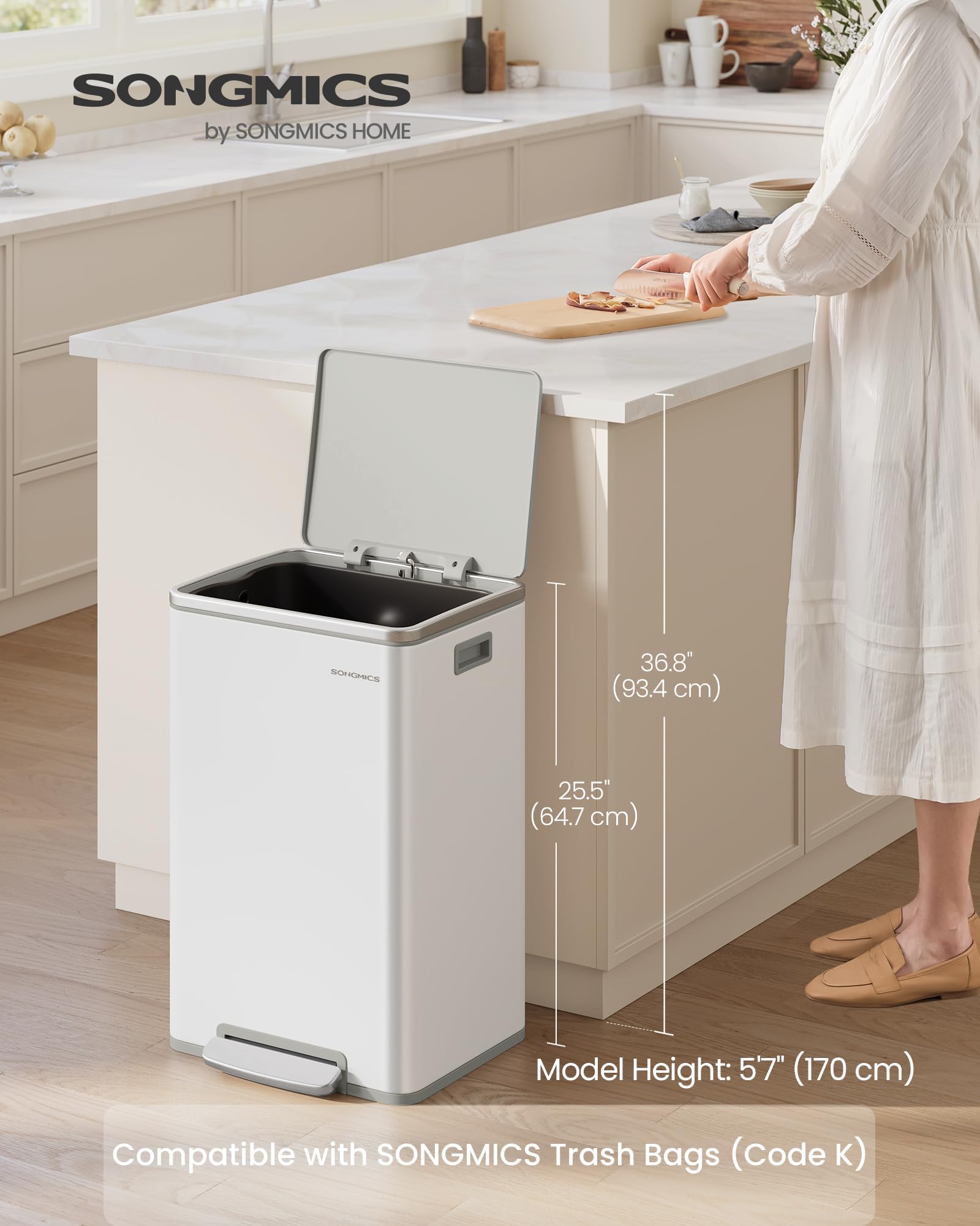 Trash Can, 13-Gallon, Steel, Soft-Close Lid