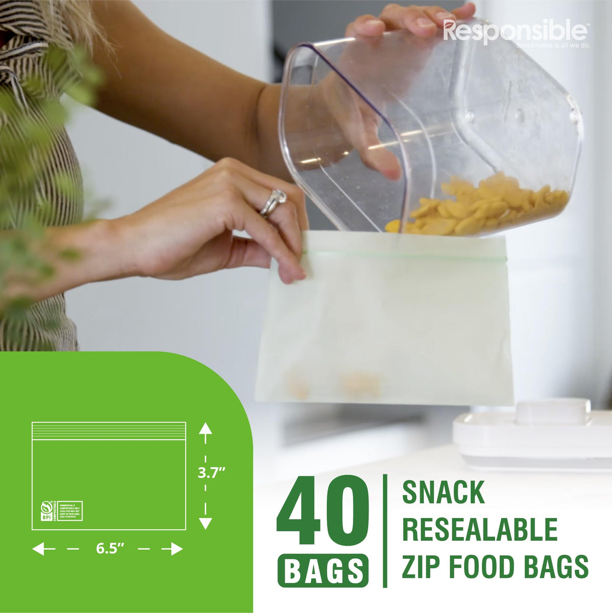 Certified Compostable SNACK Resealable Zip Bag (40 Count)