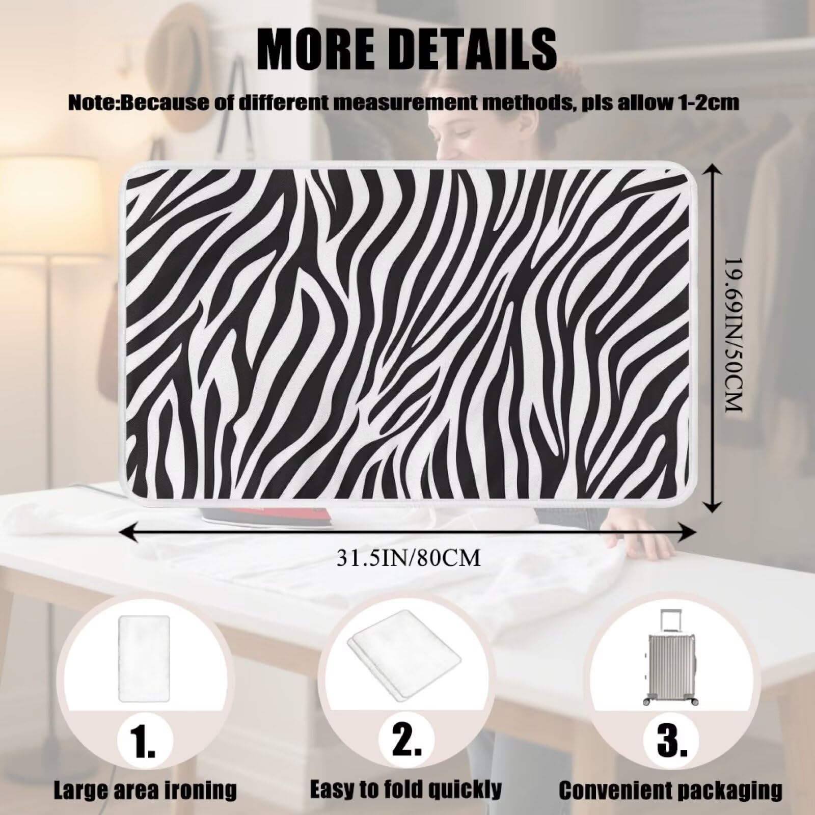 Zebra Print Ironing Mat Portable Iron Pad Magnetic Cover and Padding for Top of Washer
