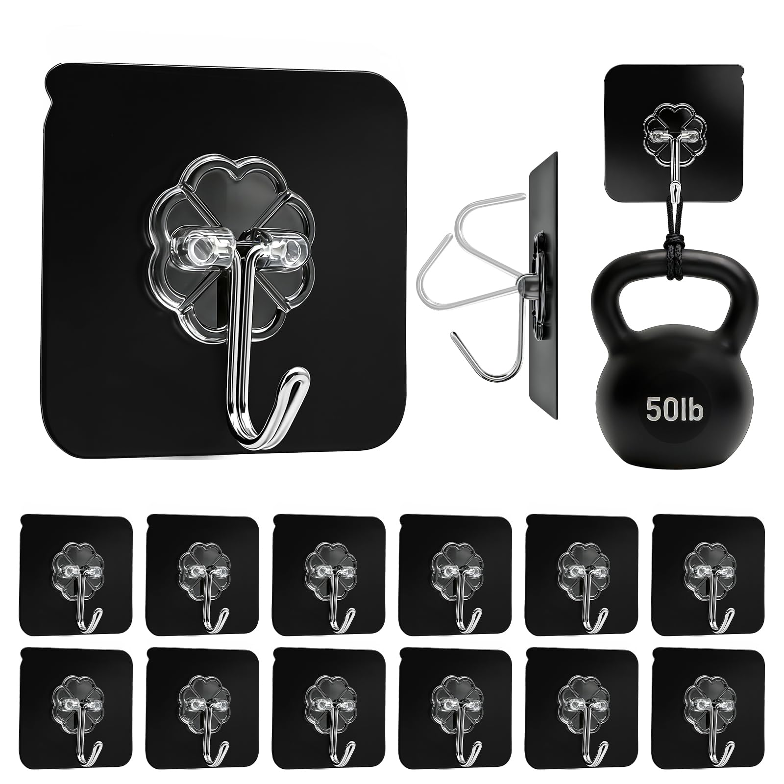 Black Heavy Duty Adhesive Hooks 2026 Upgraded 50lbs（Max） Sticky Wall Hooks for Hanging 12 Pack No Damage Hook Strong Waterproof Bathroom (12 Count)