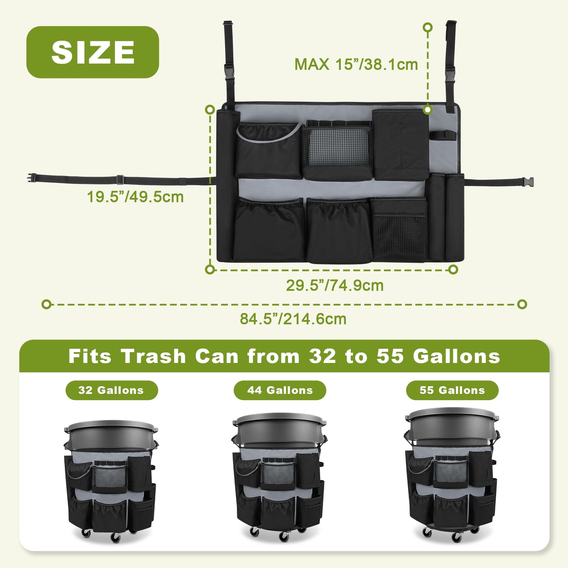 32 55 Gallon Trash Can Caddy Bag with Multi Pockets for Clean Tools