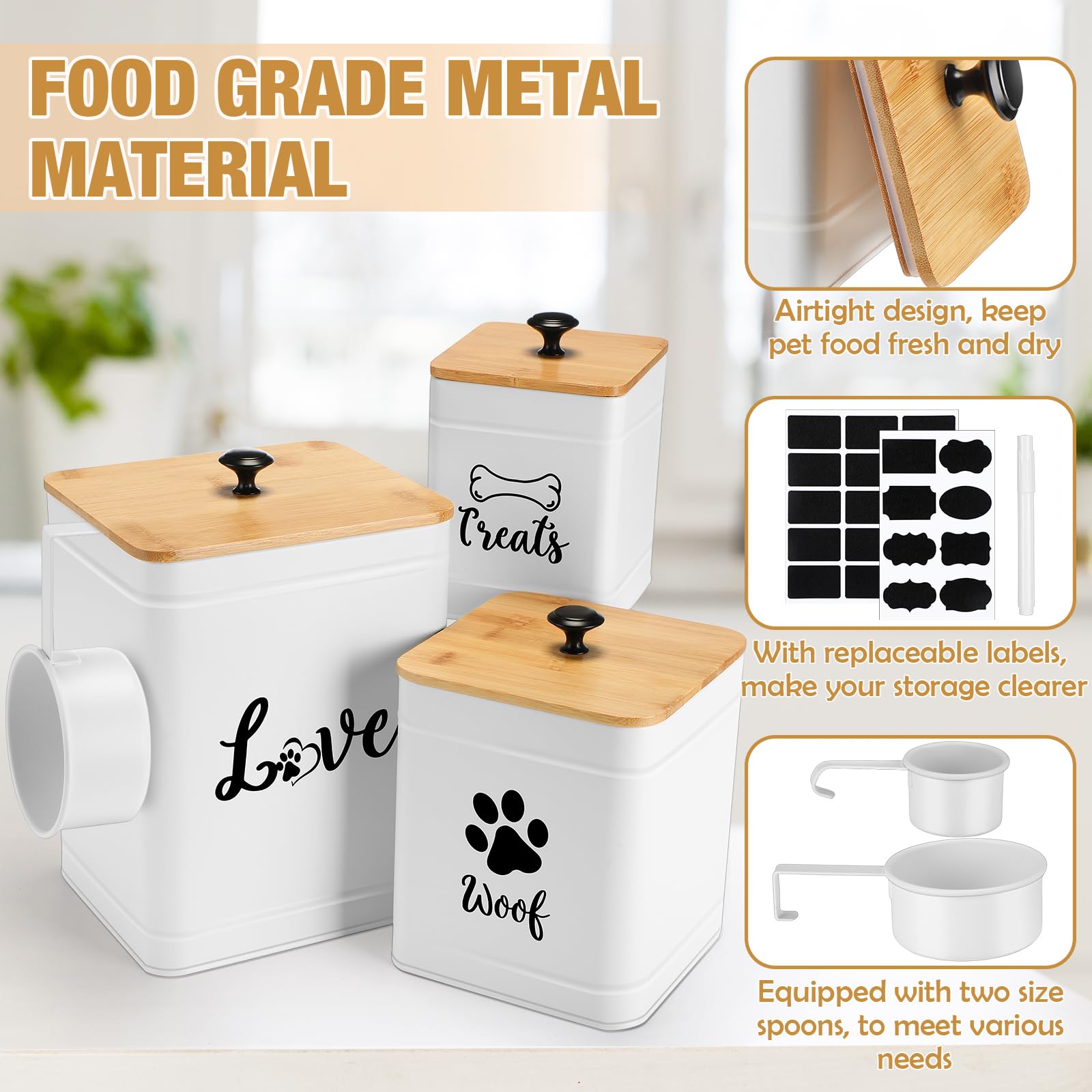 Metal Dog Treat Containers Set of 3 with Bamboo Lids and Spoon Airtight 7+3+2 lbs Dog Food Snack Jars with DIY Labels Big Pet Cookie Storage Jar for Kitchen Counter (3 Count)