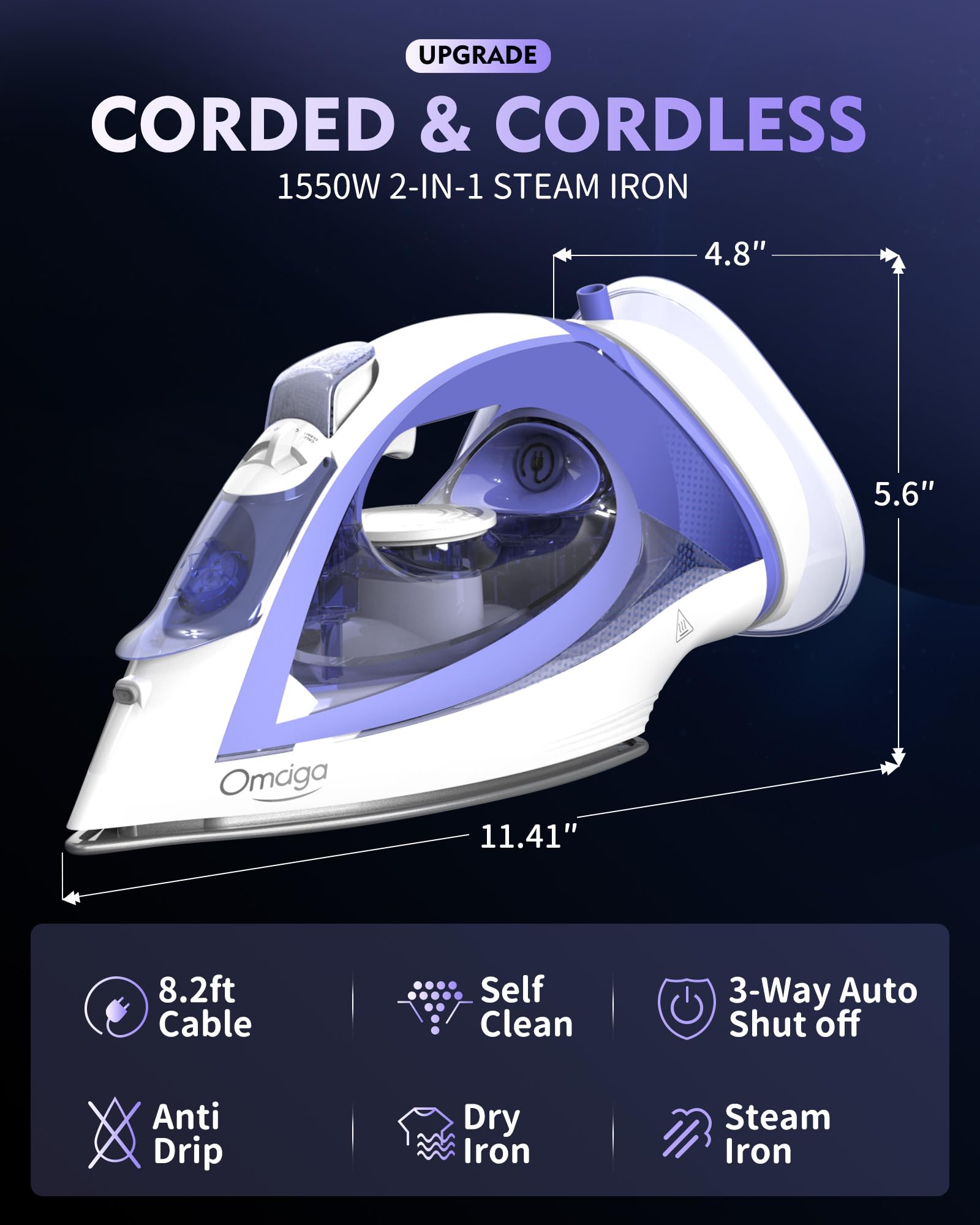 2-in-1 Cordless and Corded Steam Iron for Clothes, 1550W, Lavender