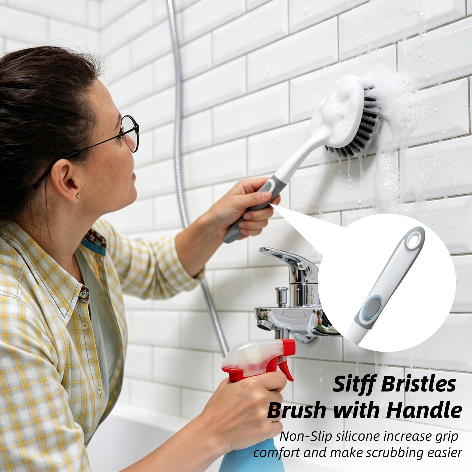 3 Pack Shower Cleaning Brush Set with Grout Cleaning Brush and Squeegee (3 Count)