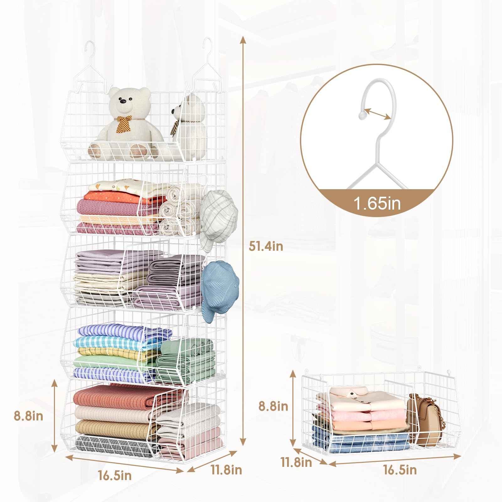 5 Tier Extra Large Closet Hanging Shelves with Divider