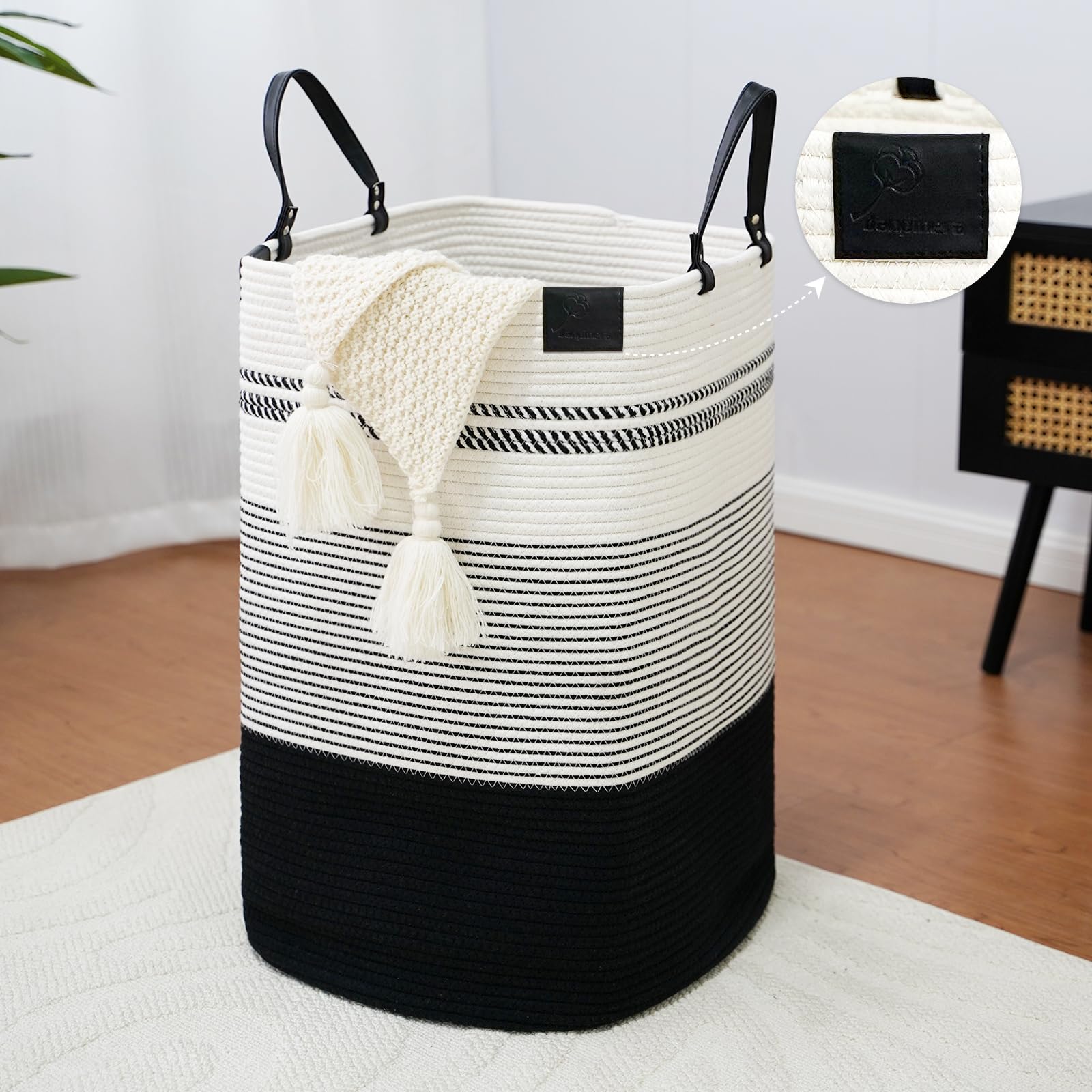 75L Woven Laundry Hamper with Long Leather Handles (67.2 Ounce)