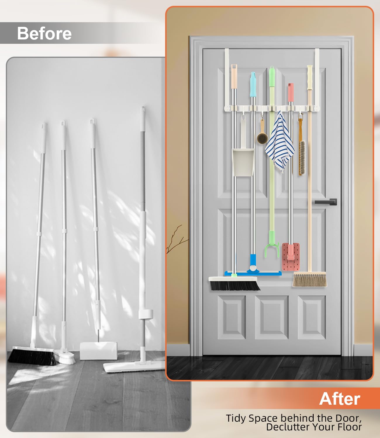 Broom Holder Over The Door with 4 Over Door Hook