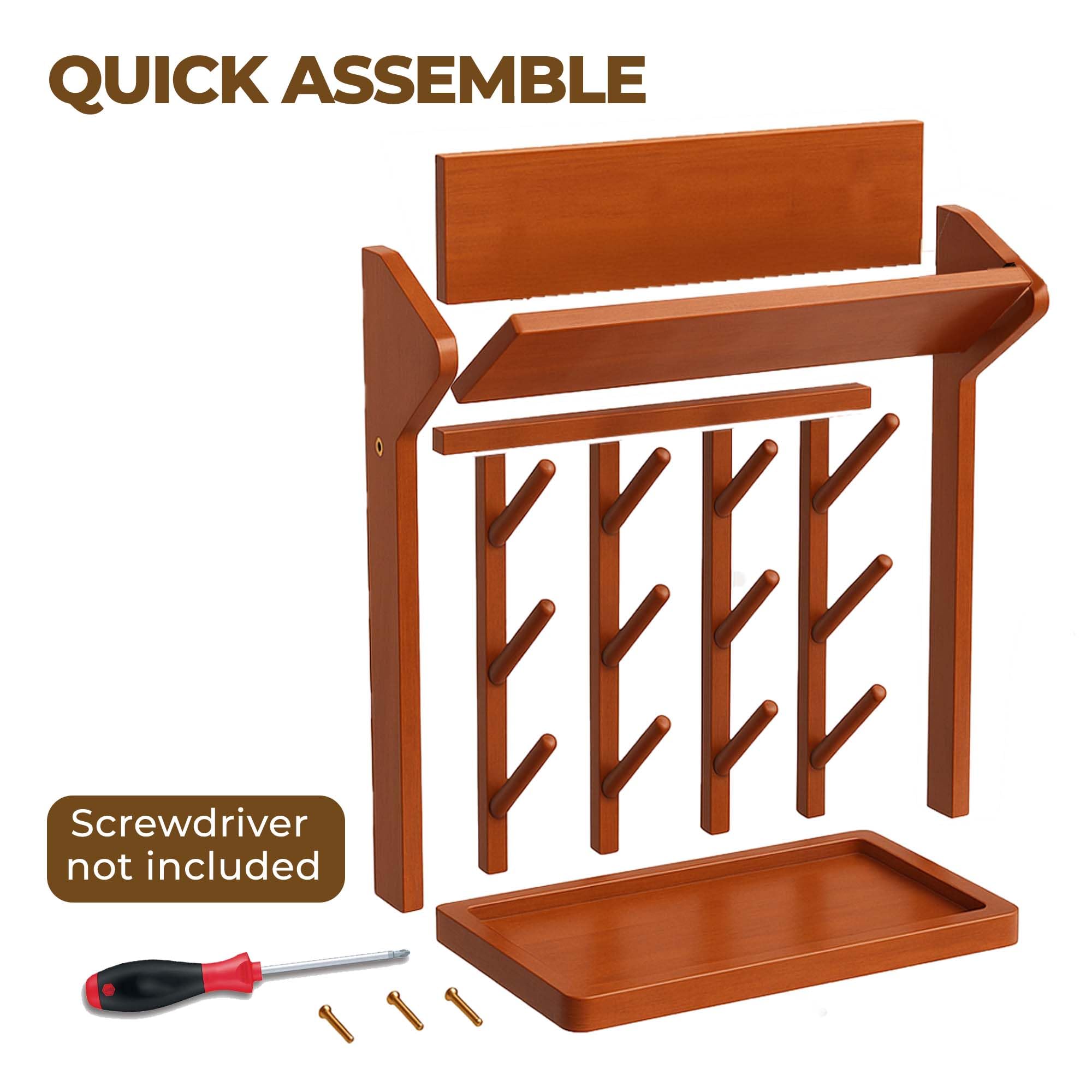 Brown Vertical Bottle Drying Rack Rubber Wood 9 Hooks
