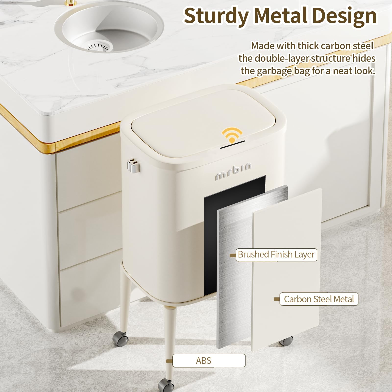 Metal Motion Sensor Kitchen Trash Can with Wheel Legs