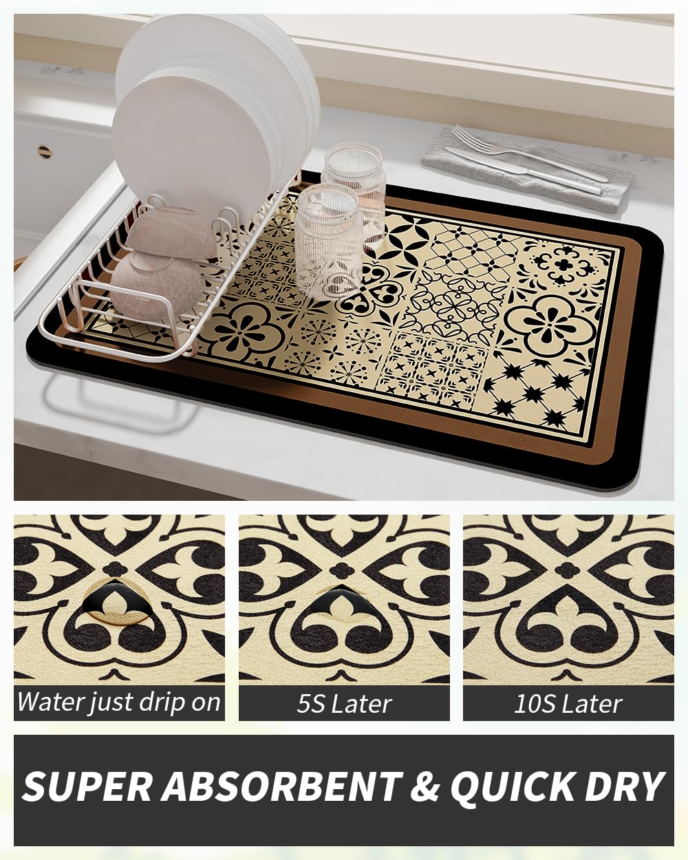 Coffee Mat Hide Stain Rubber Backed Absorbent Dish Drying Mat for Kitchen Counter