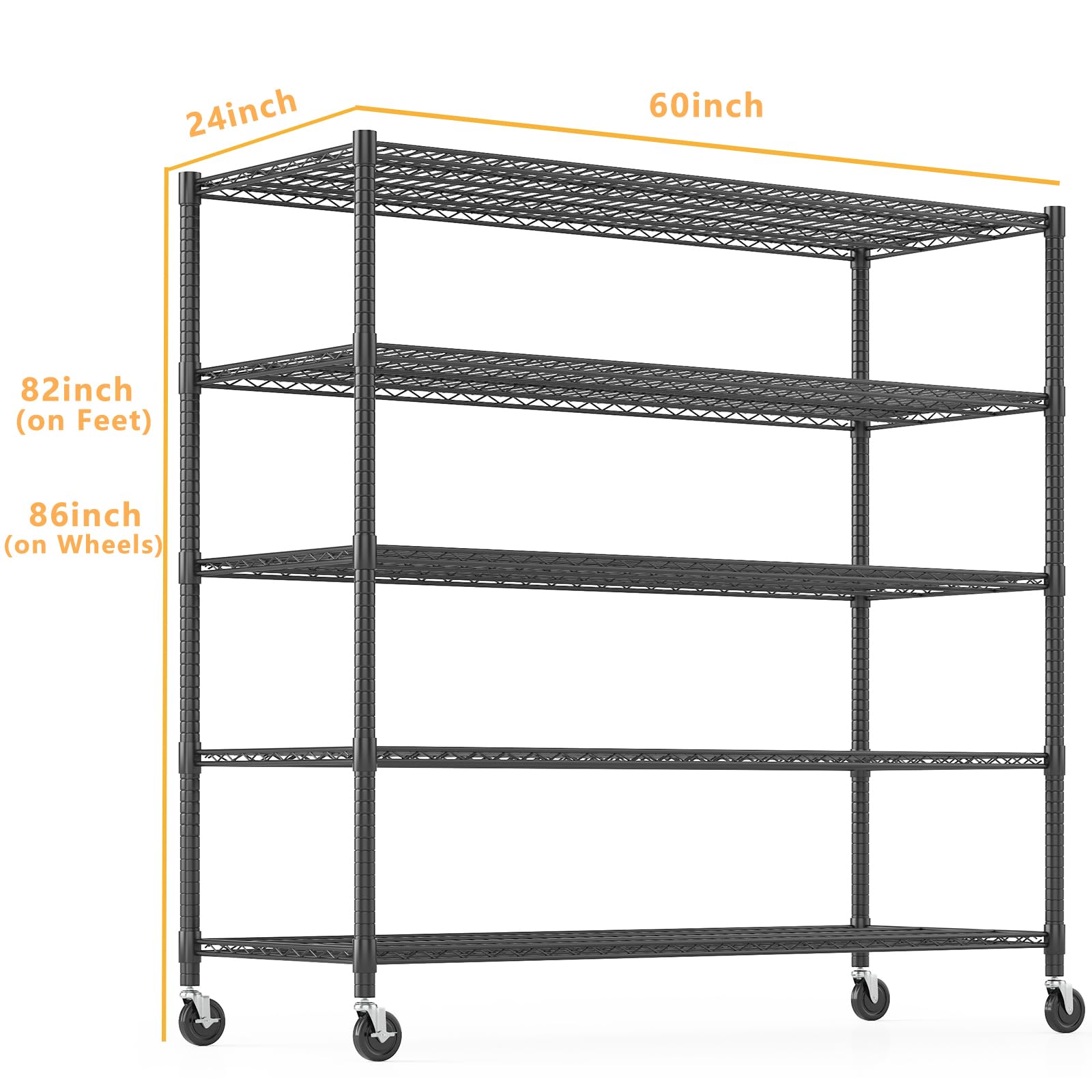 Storage Shelves 60"W Wire Shelving with Wheels 3250LBS Heavy Duty Metal Shelves for Storage