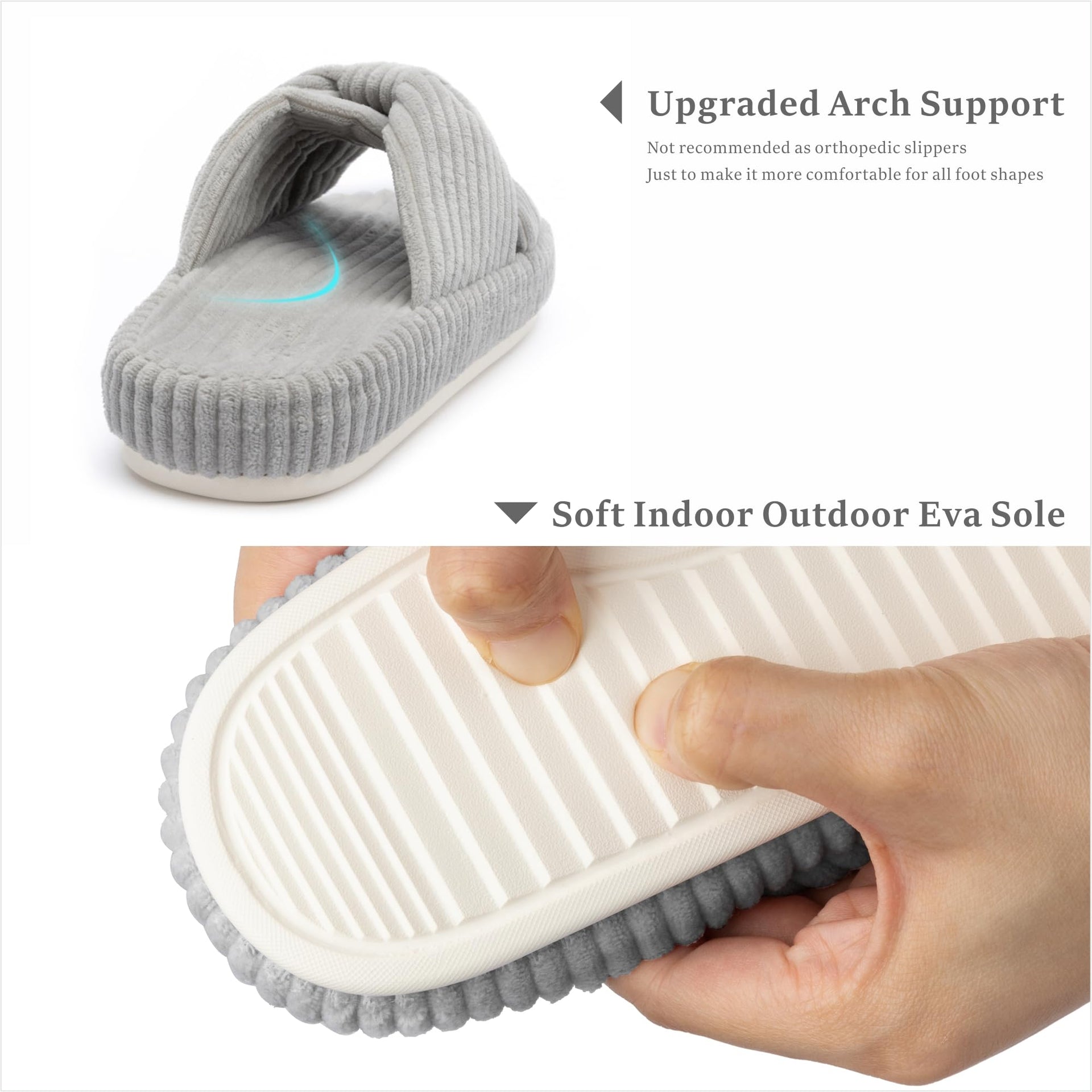 Slippers for Women Memory Foam House Bedroom Corduroy Bow Crossbands Slide Slipper Shoes Comfy Trendy Gift Slippers Grey Size 9 10 8.5