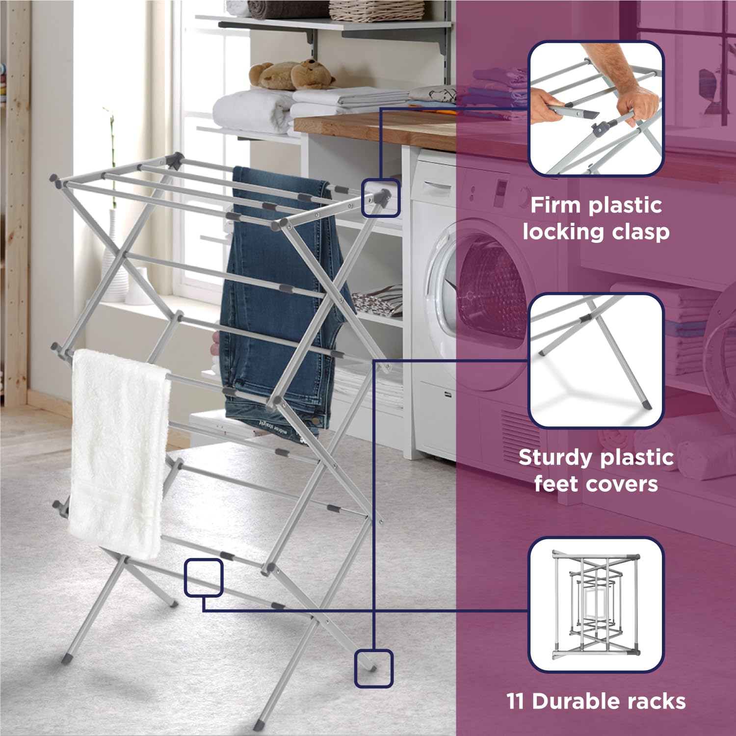 3 Tier Expandable Collapsing Foldable Laundry Rack for Air Drying Clothing