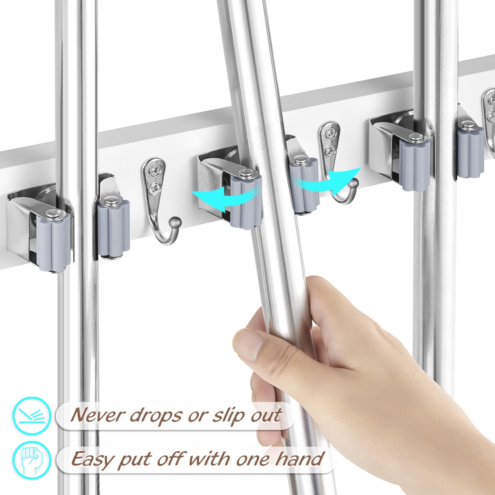White Mop Broom Holder Wall Mount with 4 Slots & 4 Hooks