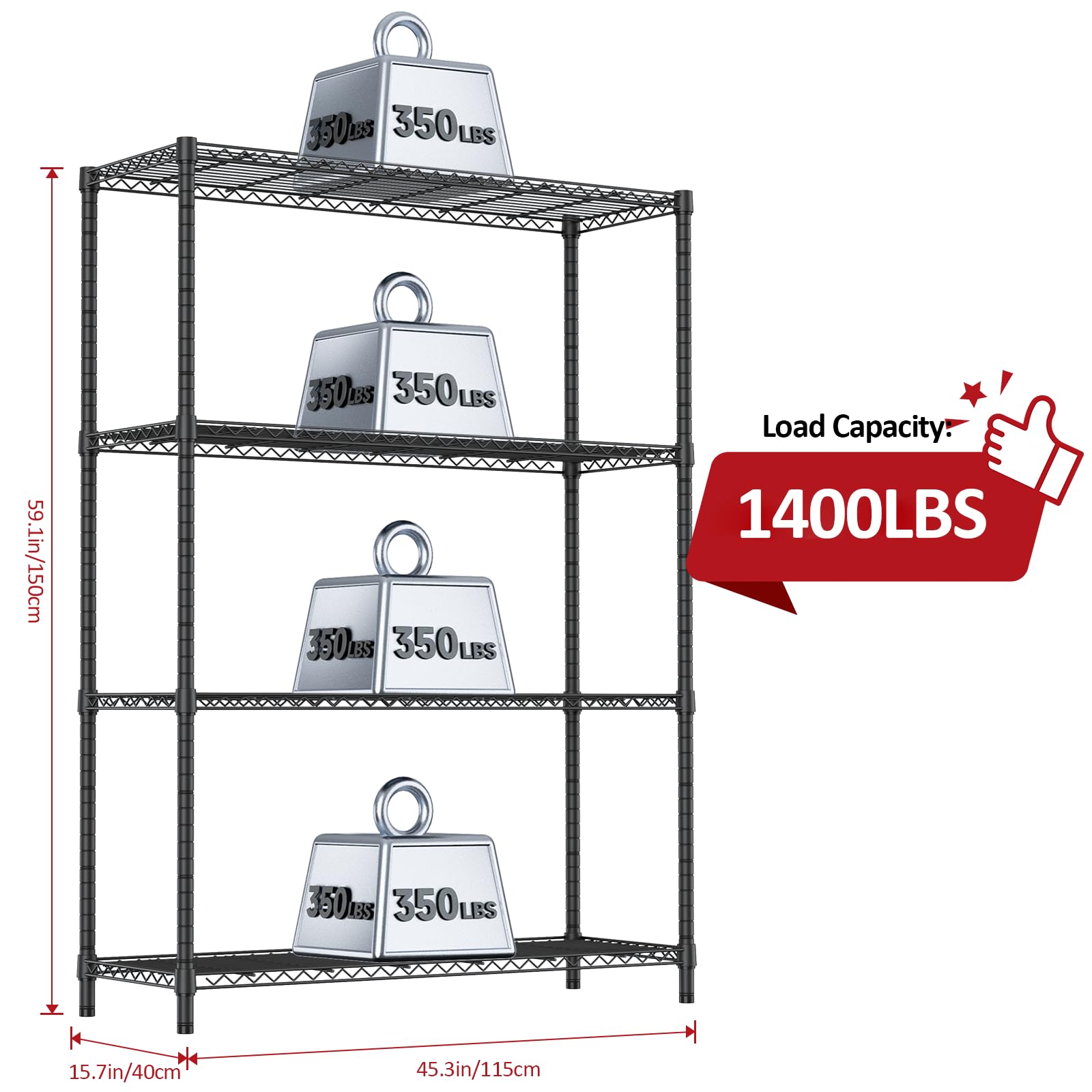 1400 LBS Garage Black Shelving Wide Storage Shelves 4 Tier Adjustable Heavy Duty Metal Wire Rack Standing Shelf Unit for Kitchen Office College Dorm Garage Warehouse 15.8" x 45.8"x 59.4"