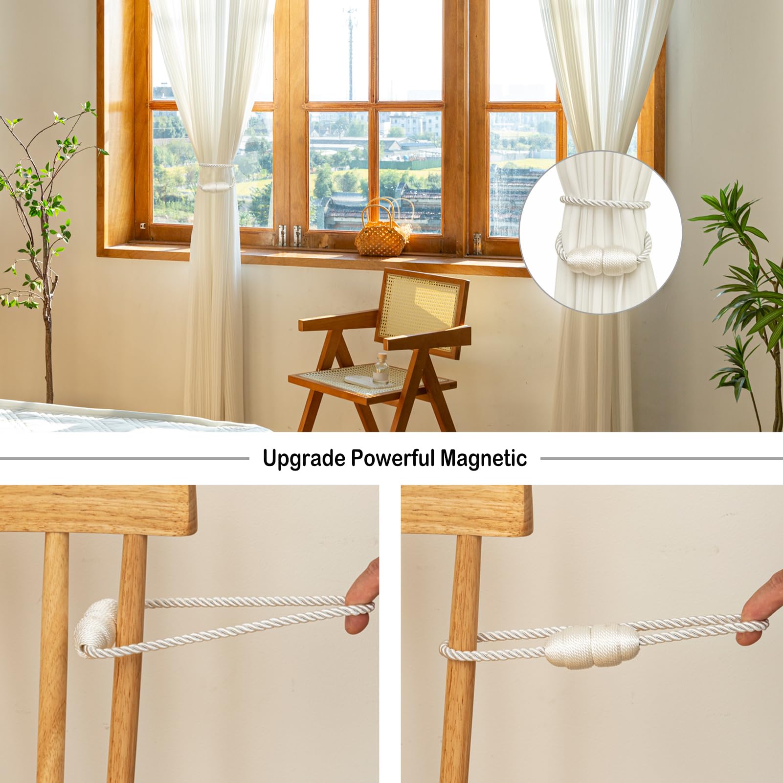 Magnetic Curtain Tiebacks Rope Curtain Tie Backs for Curtains 4 Pack Curtain Holders for Drapes Decorative Window Curtain Holdbacks (4 Count)