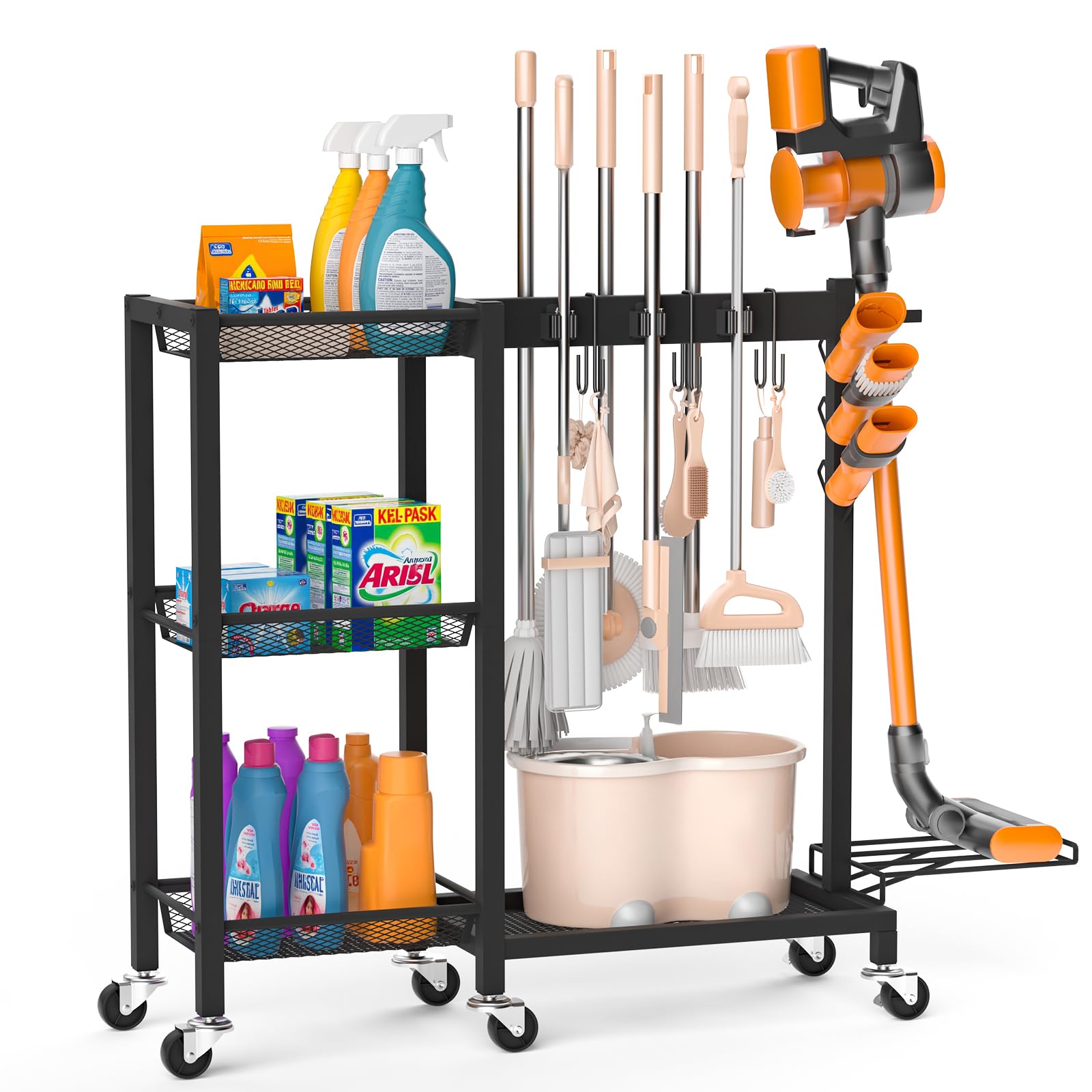 Broom Holder with Cleaning Supplies Organizer