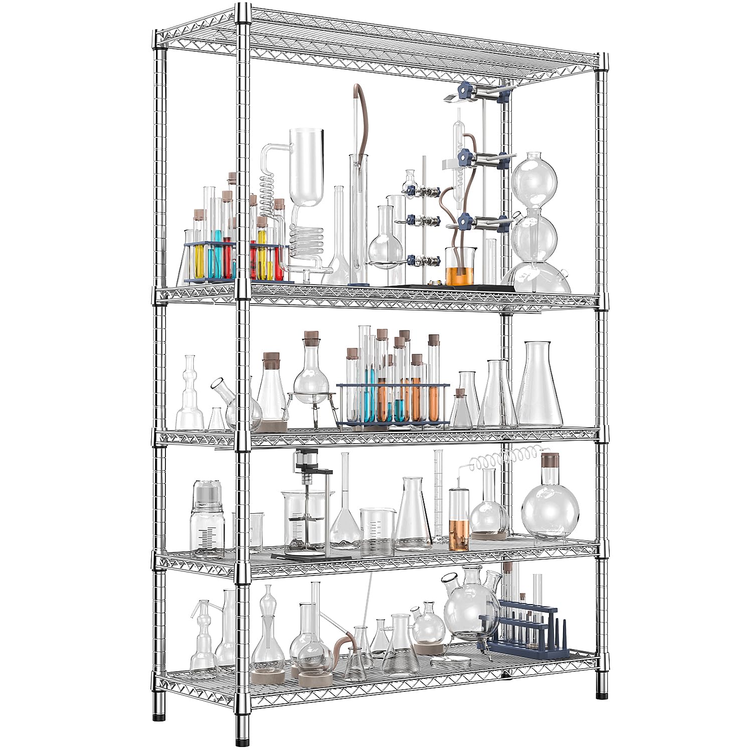 4250 LBS Garage Shelving Wide Storage Shelves 5 Tier Metal Shelves Heavy Duty Adjustable Utility Shelf Rack Chrome 17.7" D x 47.2" W x 70.4" H (5 Count)