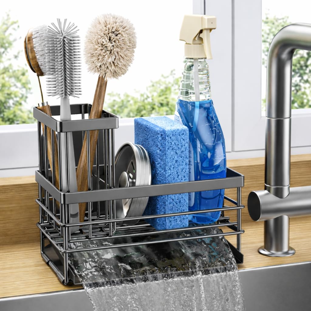 Sink Caddy Sponge Holder for Kitchen with Brush Holder and Stainless Steel Self Drain Tray