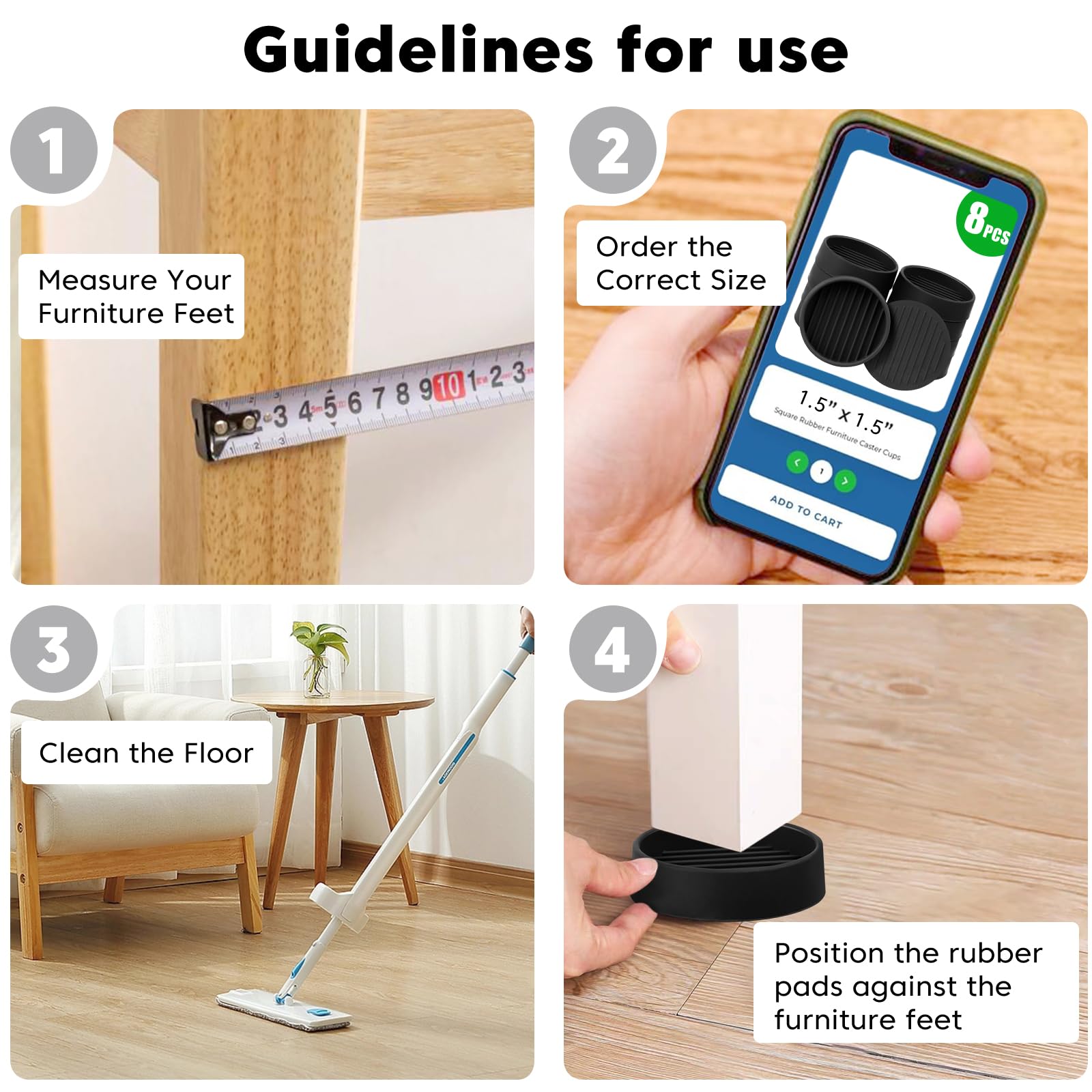 1.5" x 1.5" Rubber Furniture Pads Non Slips (8 Count)