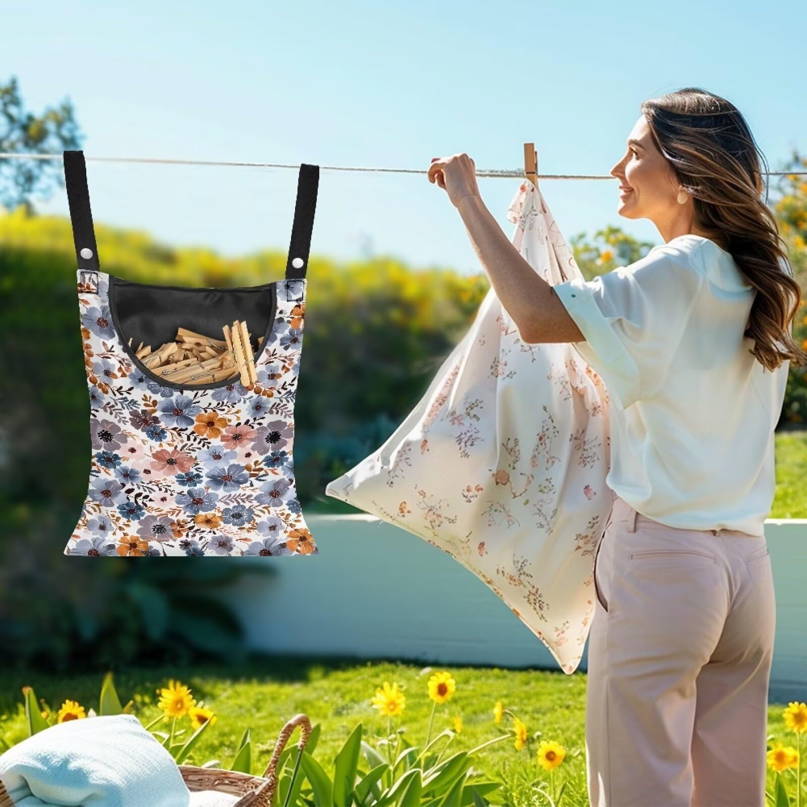 Blue Flowers Clothespin Organizer Bag Hanging Laundry Bag Portable Clothespin Storage with Hanger Hook 2 Ropes for Hanging and Effortlessly Sliding on Clothesline