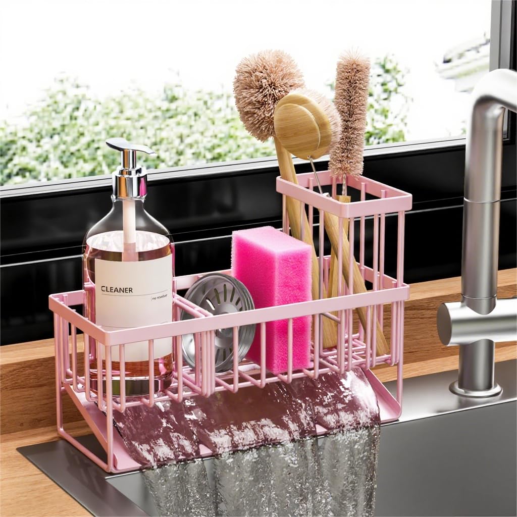 Pink Kitchen Sink Caddy Organzier with High Brush Holder