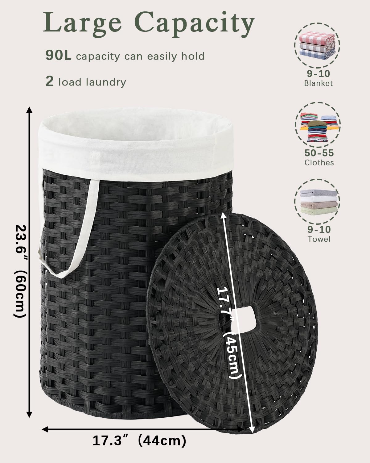 Laundry Hamper with Lid 23.8 Gal Handwoven Laundry Basket Black