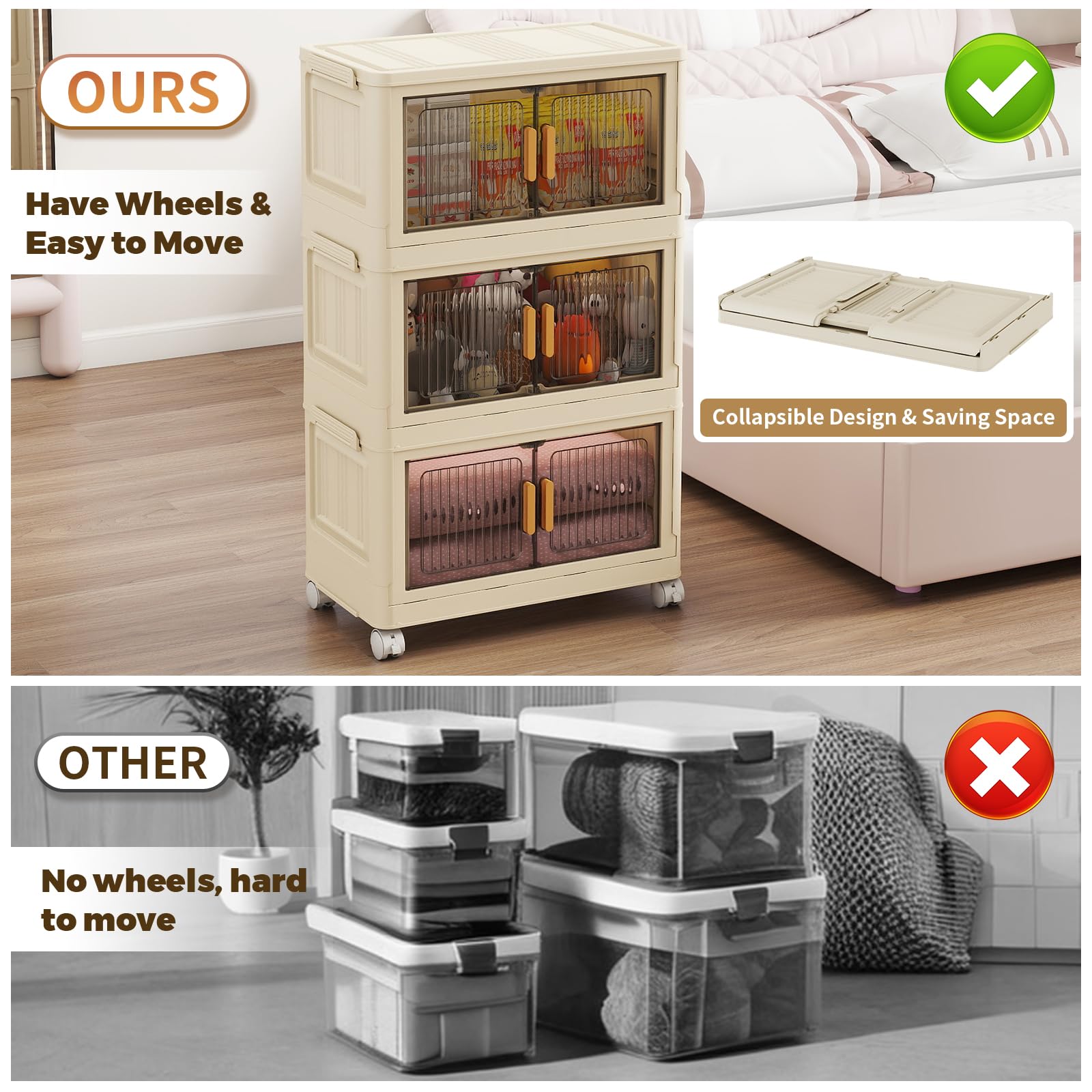 3 Tier Stackable Storage Bins with Lid and Wheels (3 Count)