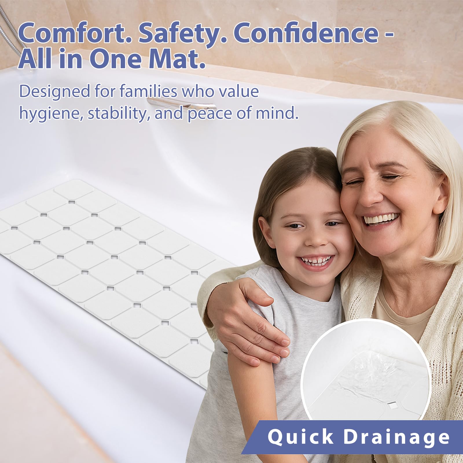 Bathtub Mat Non Slip Silicone Foldable Extra Long Tub Mat Strong Suction Cups & Large Drain Holes