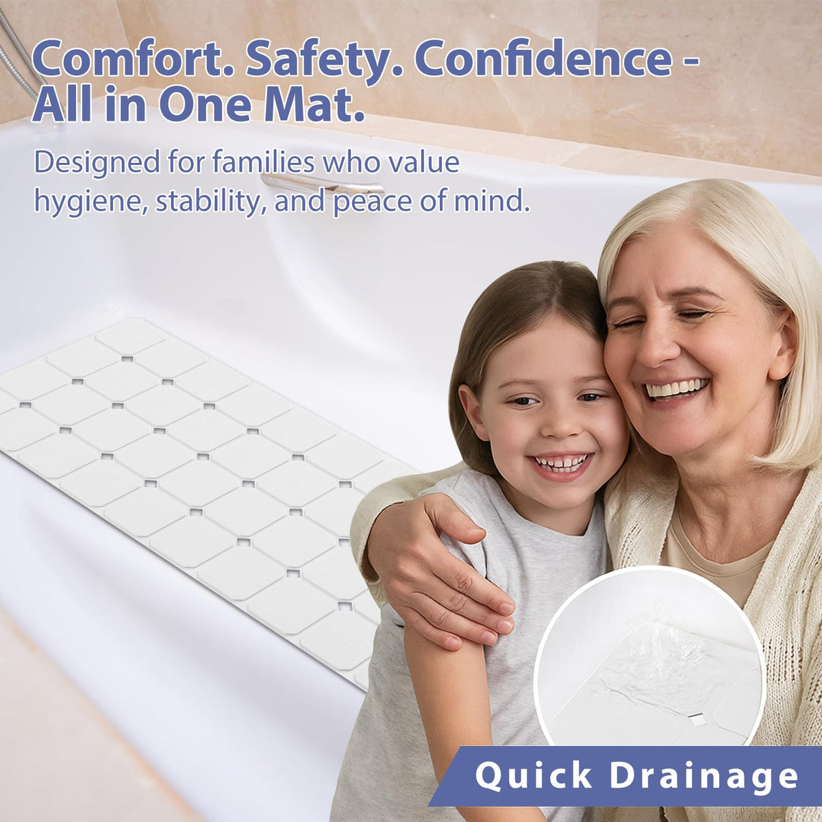 Bathtub Mat Non Slip Silicone Foldable Extra Long Tub Mat Strong Suction Cups & Large Drain Holes