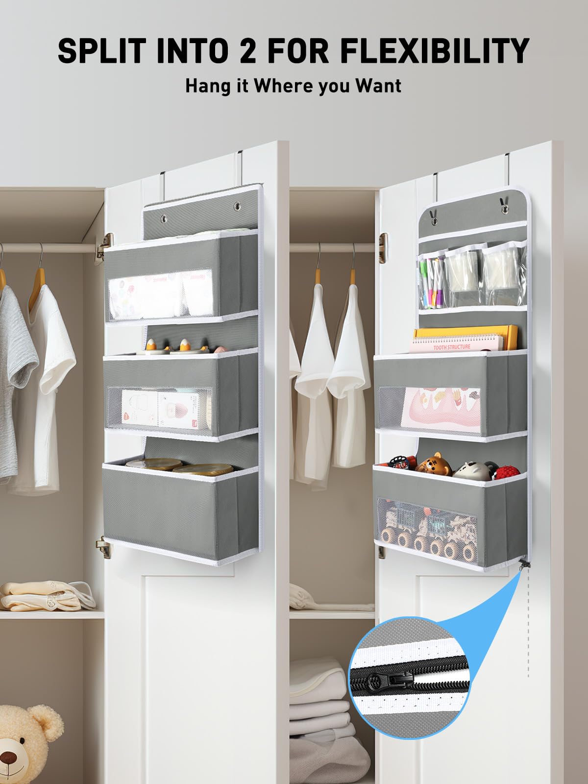 Over the Door Storage Organizer for Nursery Closet 6 Tier Grey