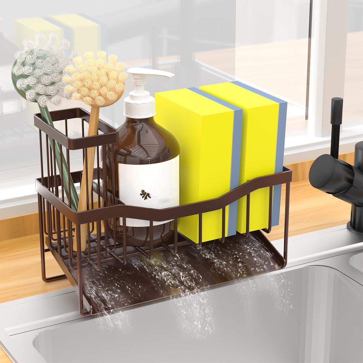 Maifan Sink Caddy Sponge Holder for Kitchen with Brush Holder and Stainless Steel Self Drain Tray