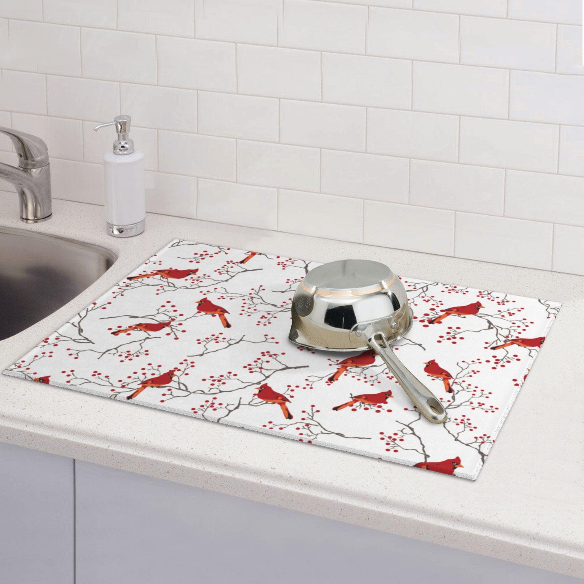 Cardinal Bird Red Berry Decor Microfiber Dish Drying Mat 18"x24"