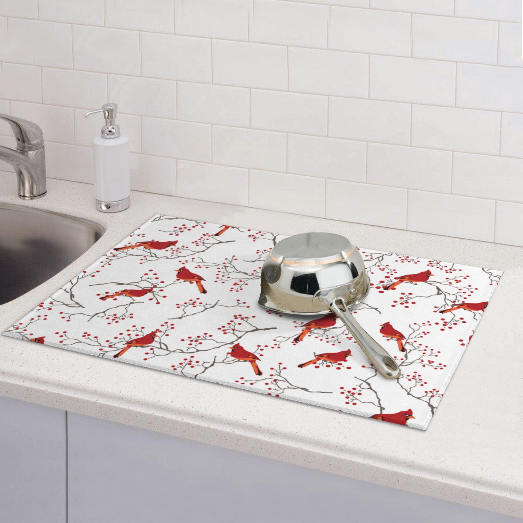 Cardinal Bird Red Berry Decor Microfiber Dish Drying Mat 18"x24"