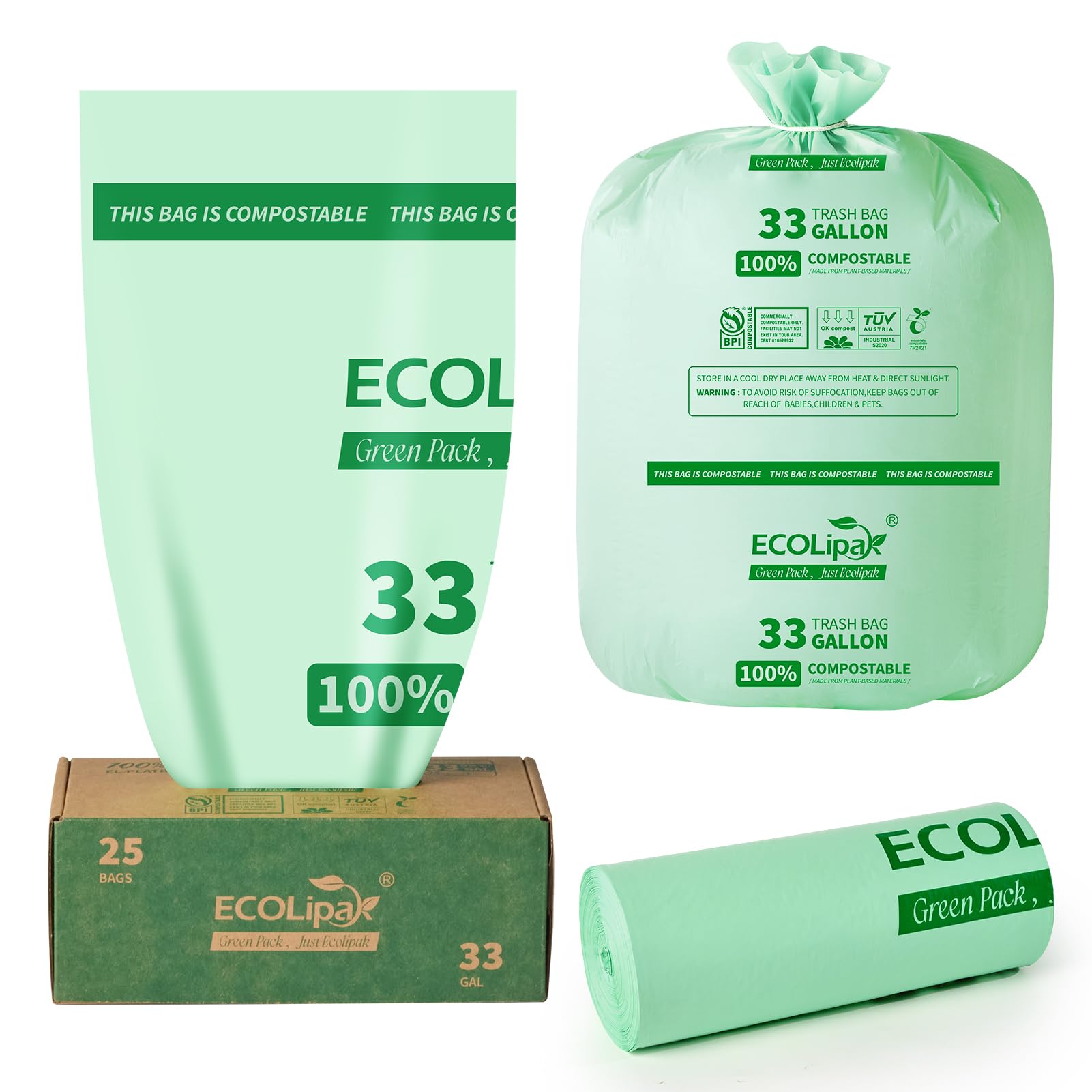 33 Gallon 25 Count Large Compostable Trash Garbage Bags for Lawn