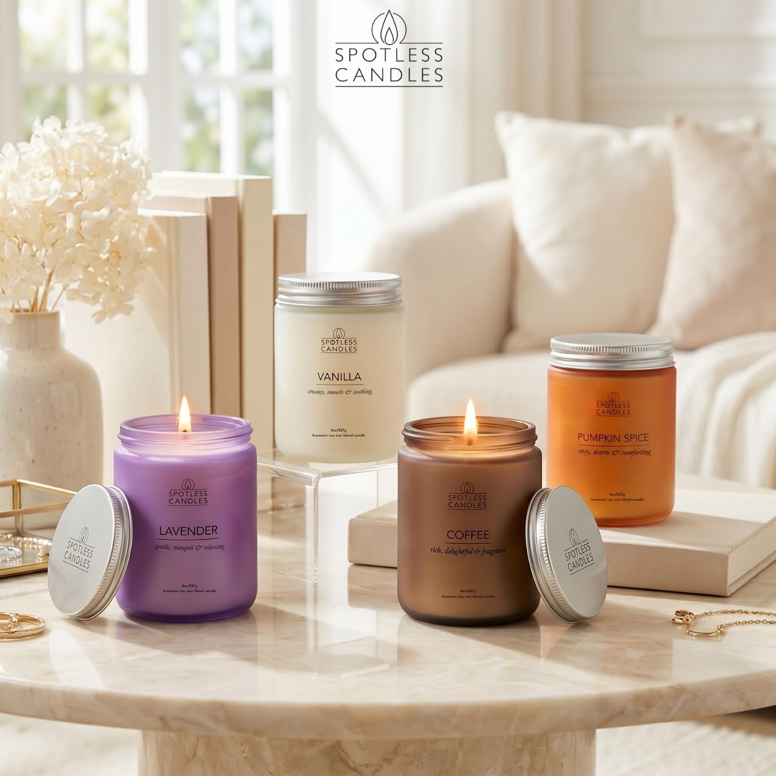 Classic Candle Gift Set; 4 x 8oz Scented Candles in Frosted Glass Jars; Coffee (4 Count)