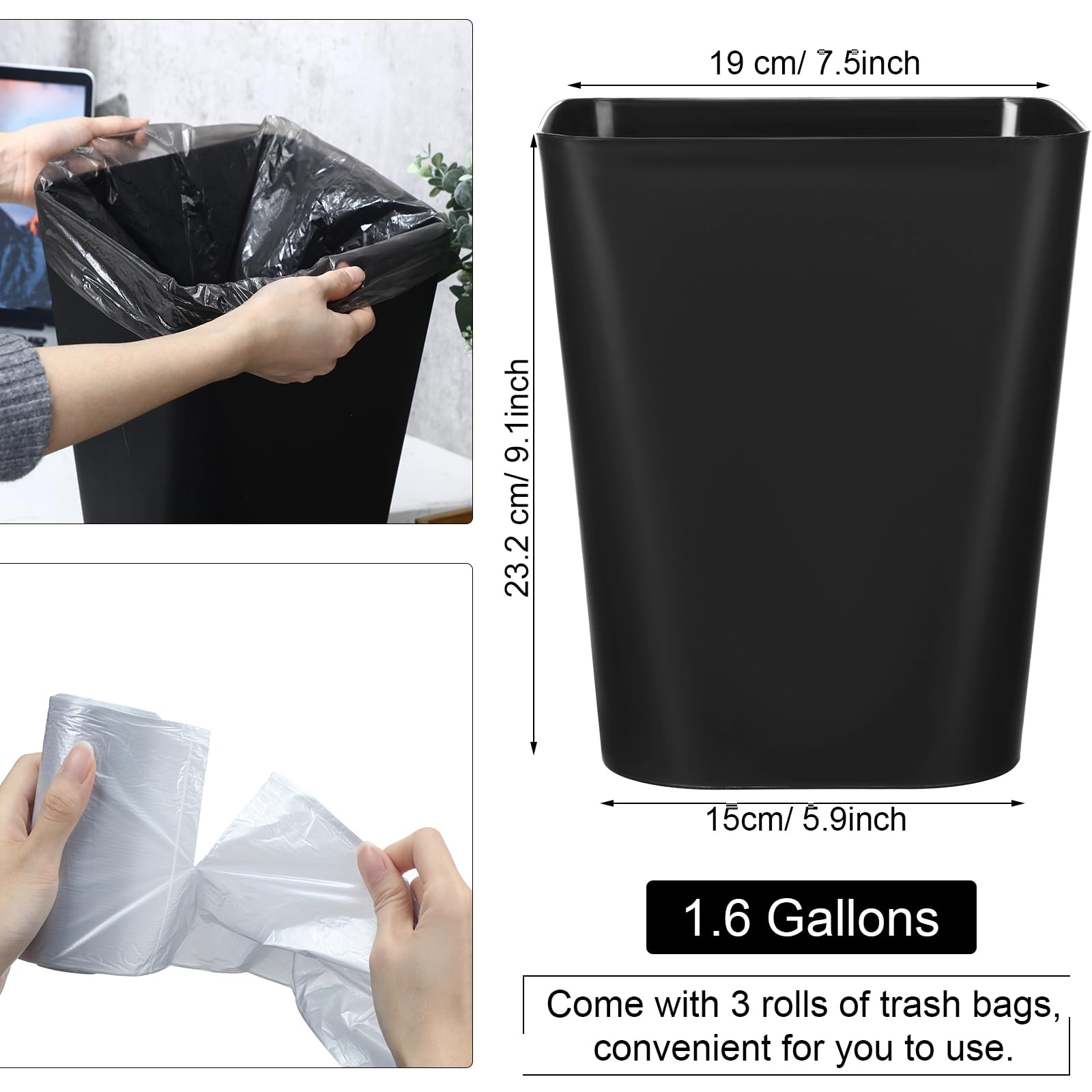 6 Pack Plastic Trash Can with 3 Rolls of Trash Bags Small Wastebasket Can Garbage Container Bin (6 Count)