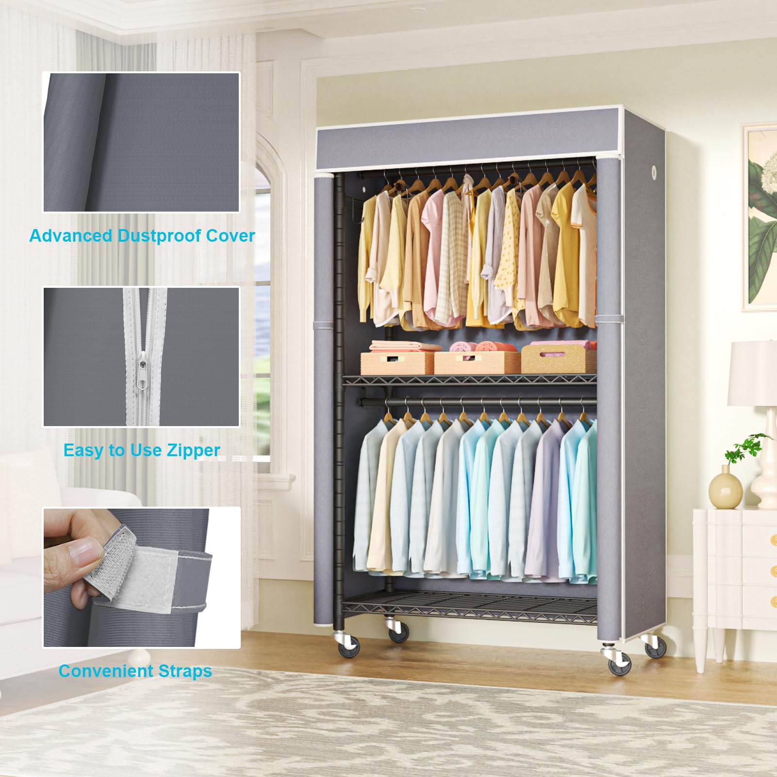 Black Clothing Rack with Grey Cover