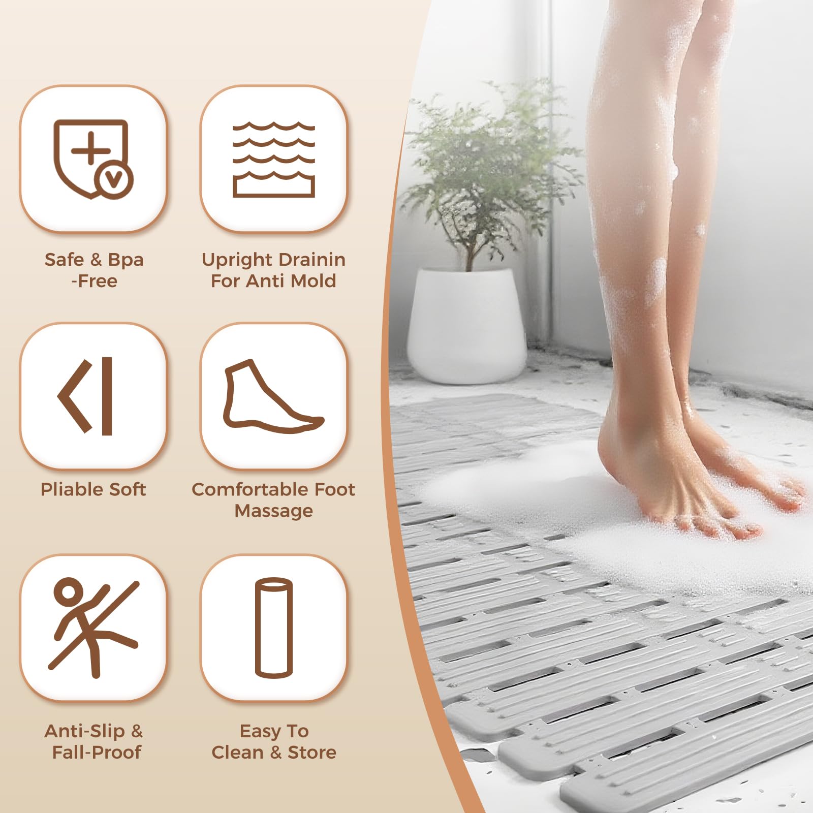 Bathtub Mat Non Slip for Bathroom with Suction Cups and Drain Holes 35.4 * 15.7 Shower Mat for Inside Shower