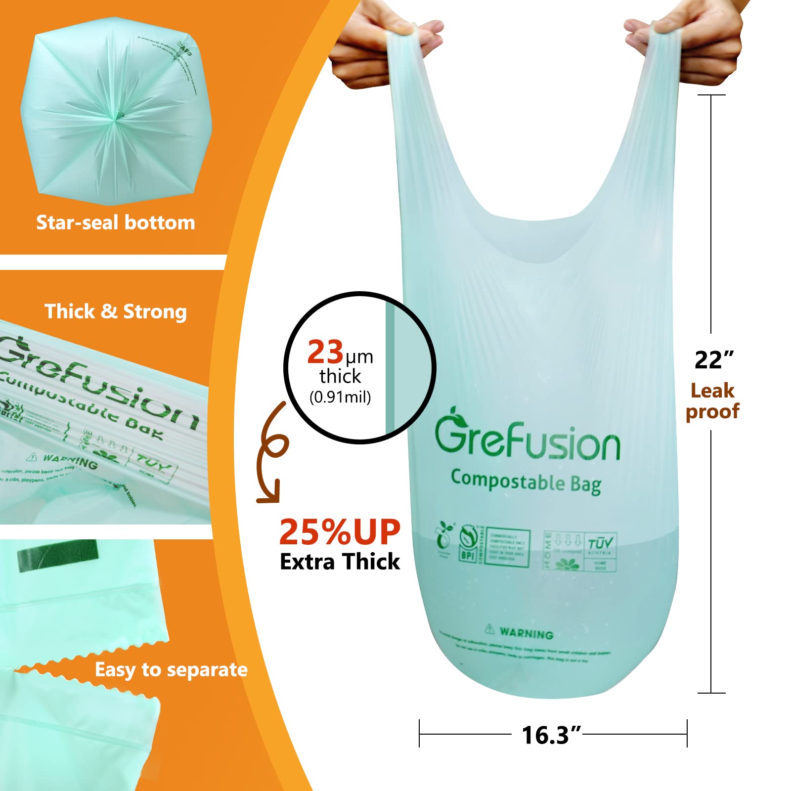 Compostable Trash Bags with handle (50 Count)