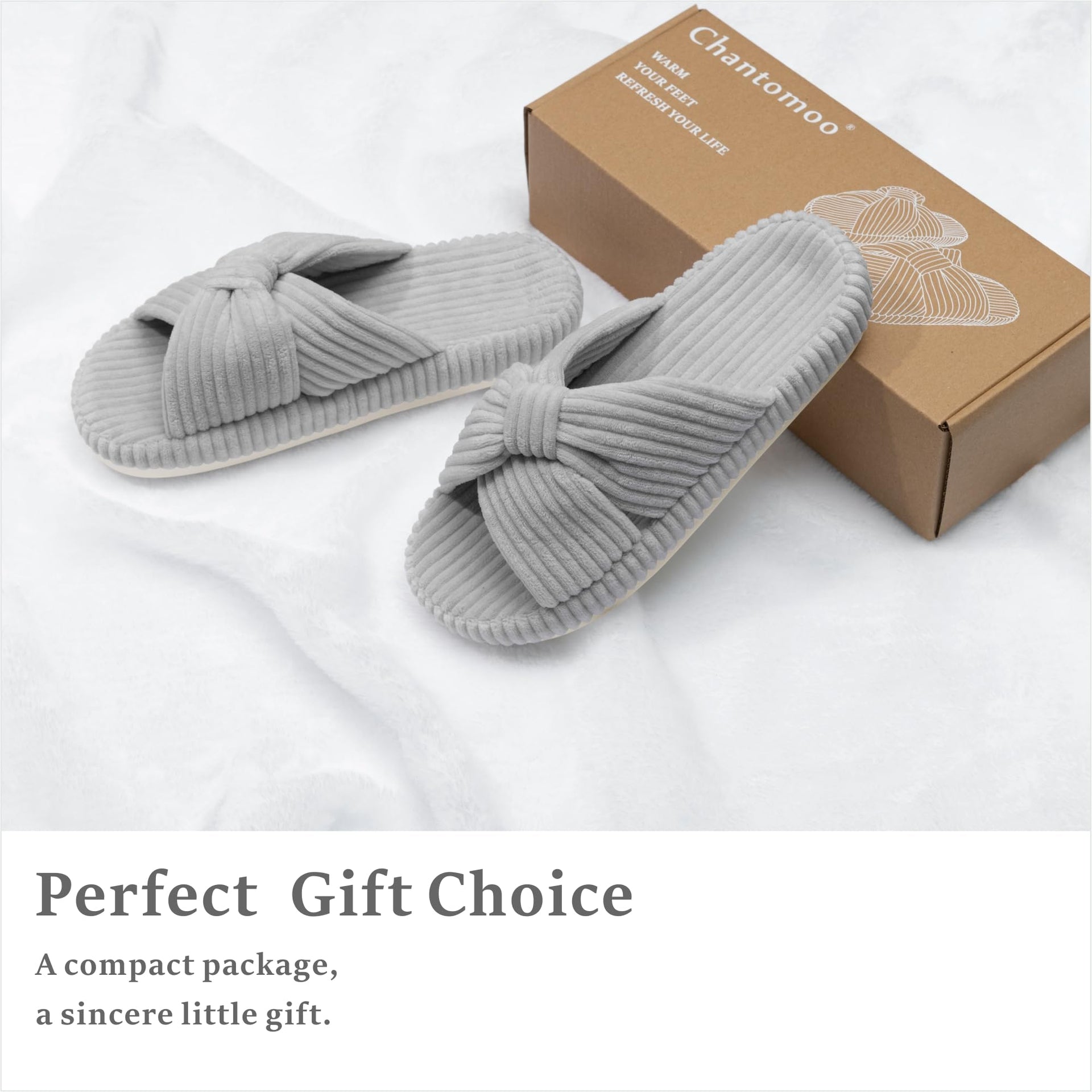 Slippers for Women Memory Foam House Bedroom Corduroy Bow Crossbands Slide Slipper Shoes Comfy Trendy Gift Slippers Grey Size 9 10 8.5