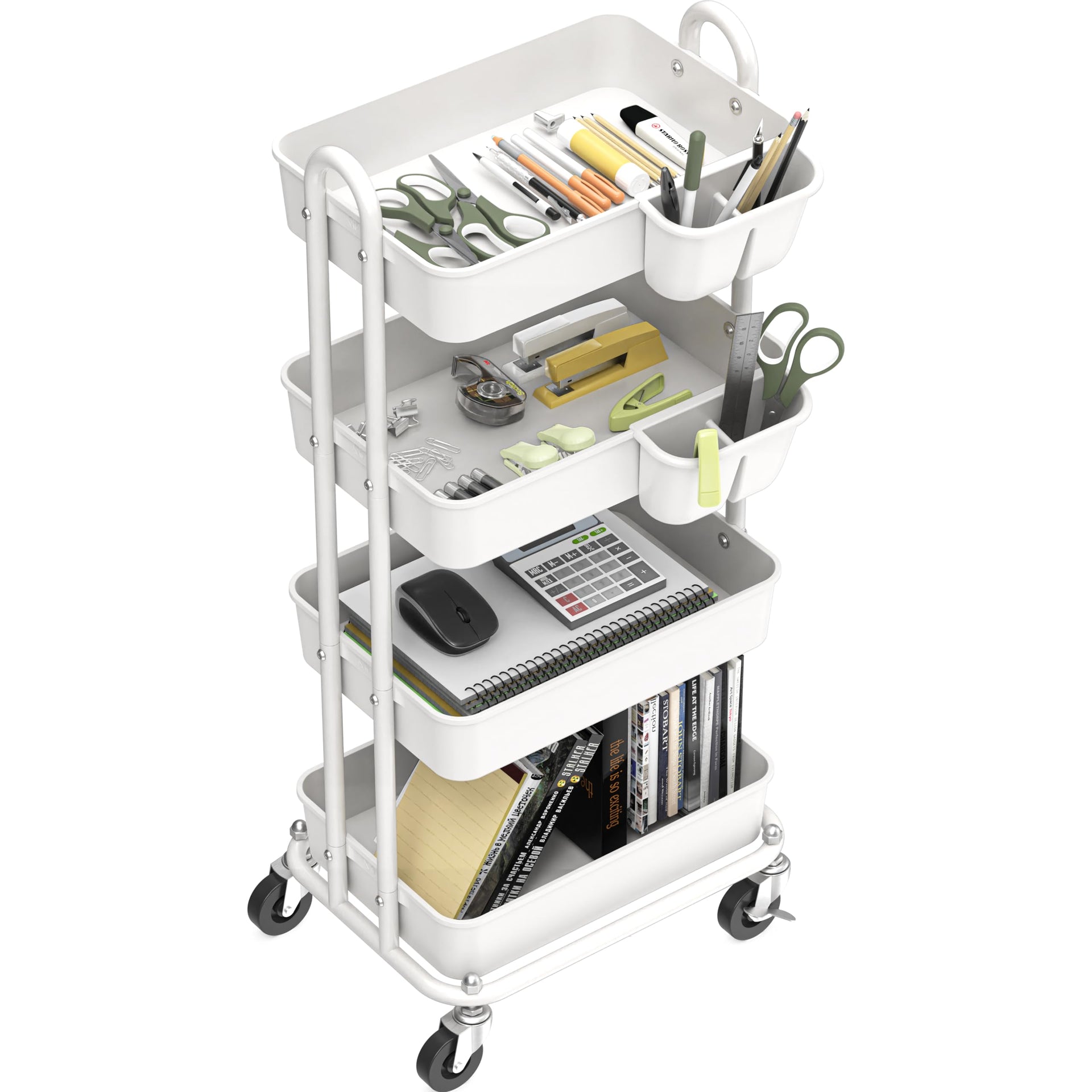 4 Tier Rolling Utility Cart with Hanging Bucket