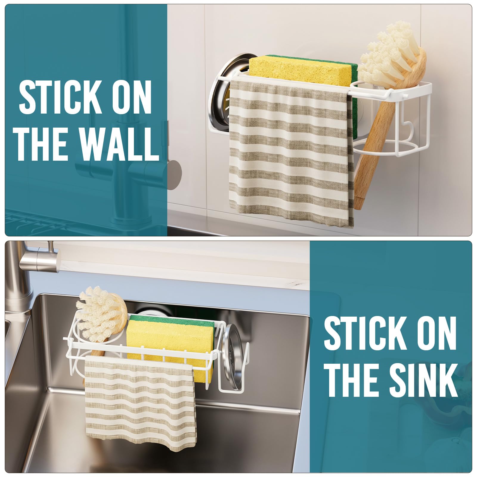 4-in-1 Sink Sponge Holder for Kitchen with Strong Suction Cup-White