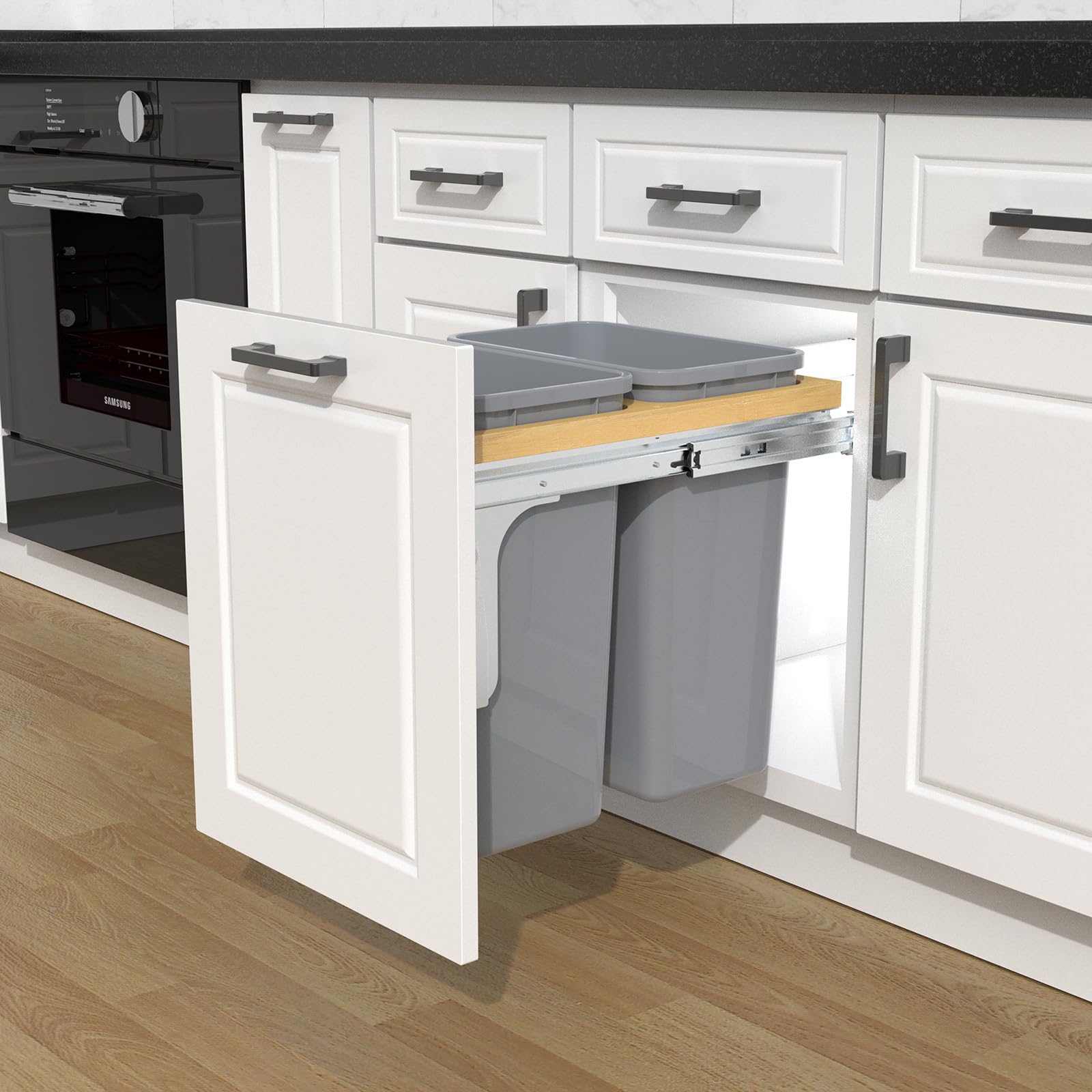 Double Pull Out Under Cabinet Trash Can 35 Qt Garbage Bin for 15" x 1.5" Face Frame